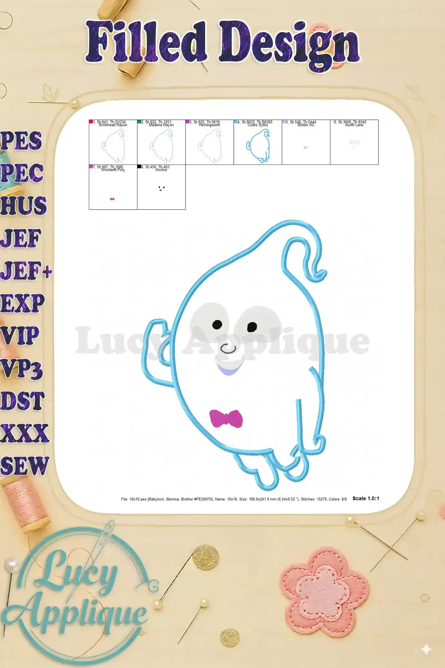 Filled design image of the Demi Vampirina ghost, showing the finished look after embroidery. The color palette is clearly displayed for reference.