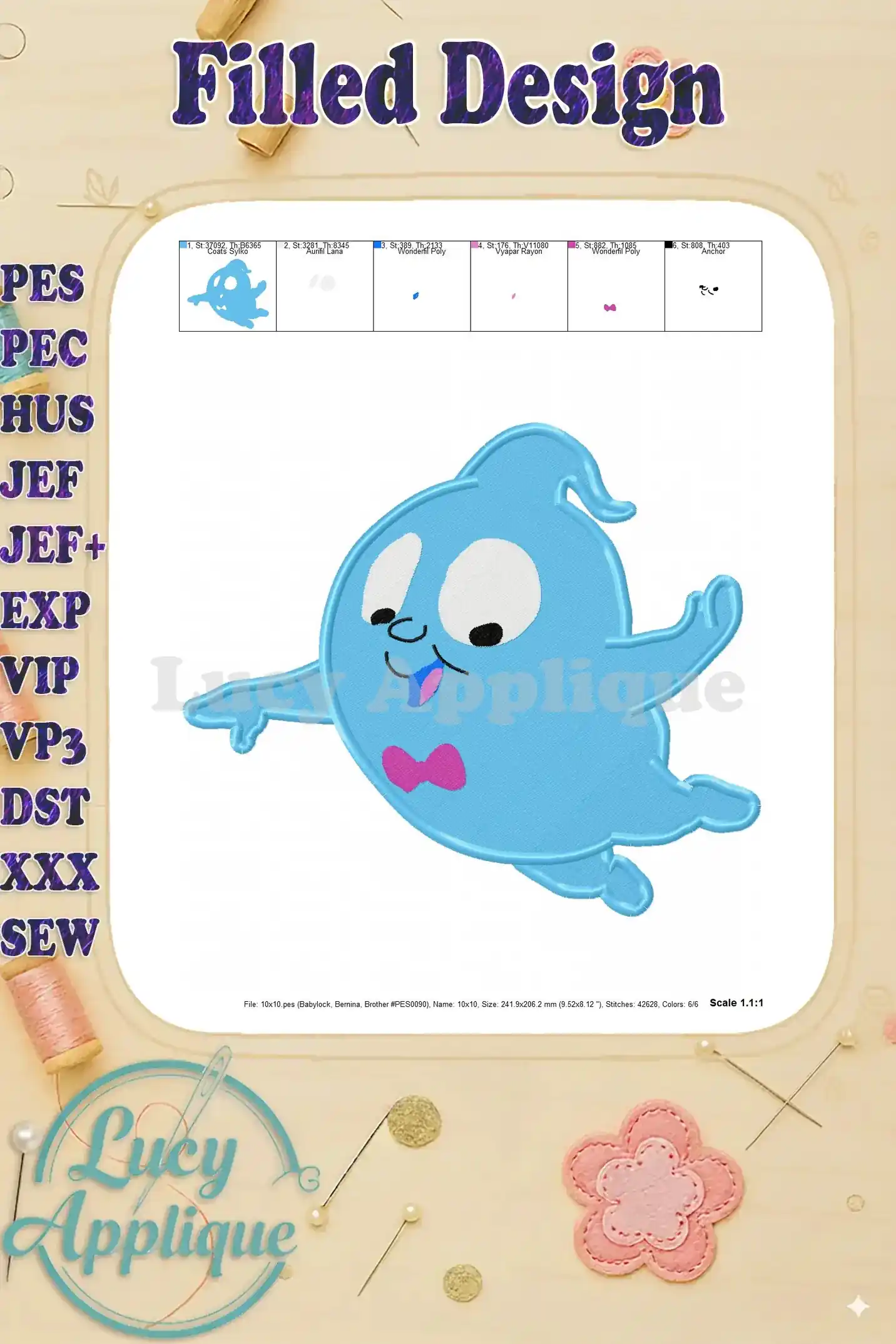 Detailed view of the completed Demi Vampirina Fill Embroidery Design 02, highlighting the stitch quality and color accuracy.