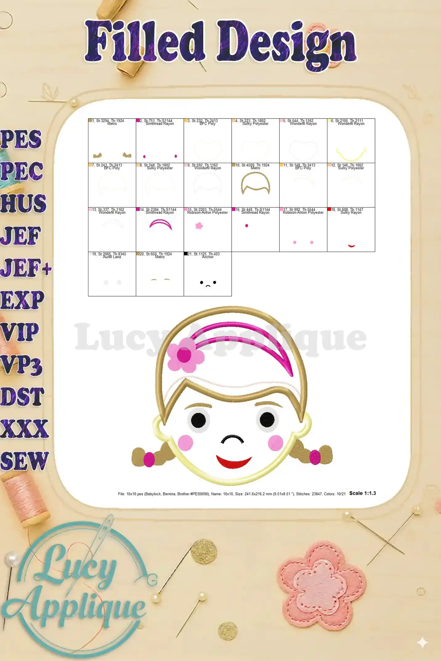 Filled embroidery design of Doc McStuffins face, showing the completed design with color details and a scale reference. This provides a finished product preview.