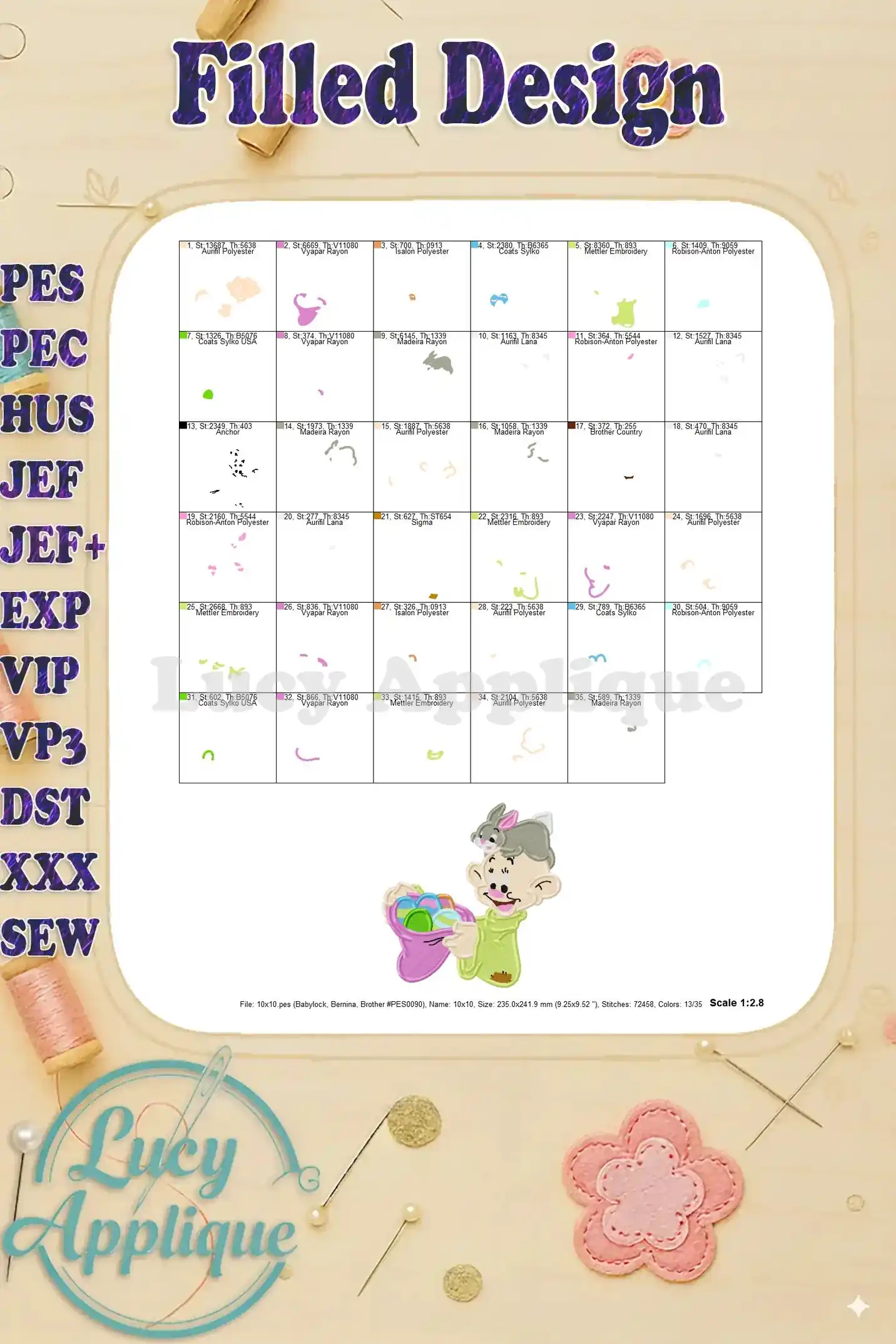 Thread chart for the Dopey Easter embroidery design, listing thread colors and their corresponding BERNINA numbers.