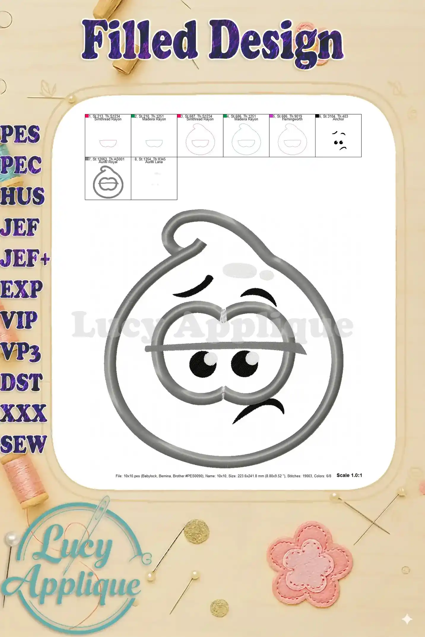 Filled design image of the Grey Jelly applique, showing the complete stitched appearance and highlighting the final look of the embroidery.