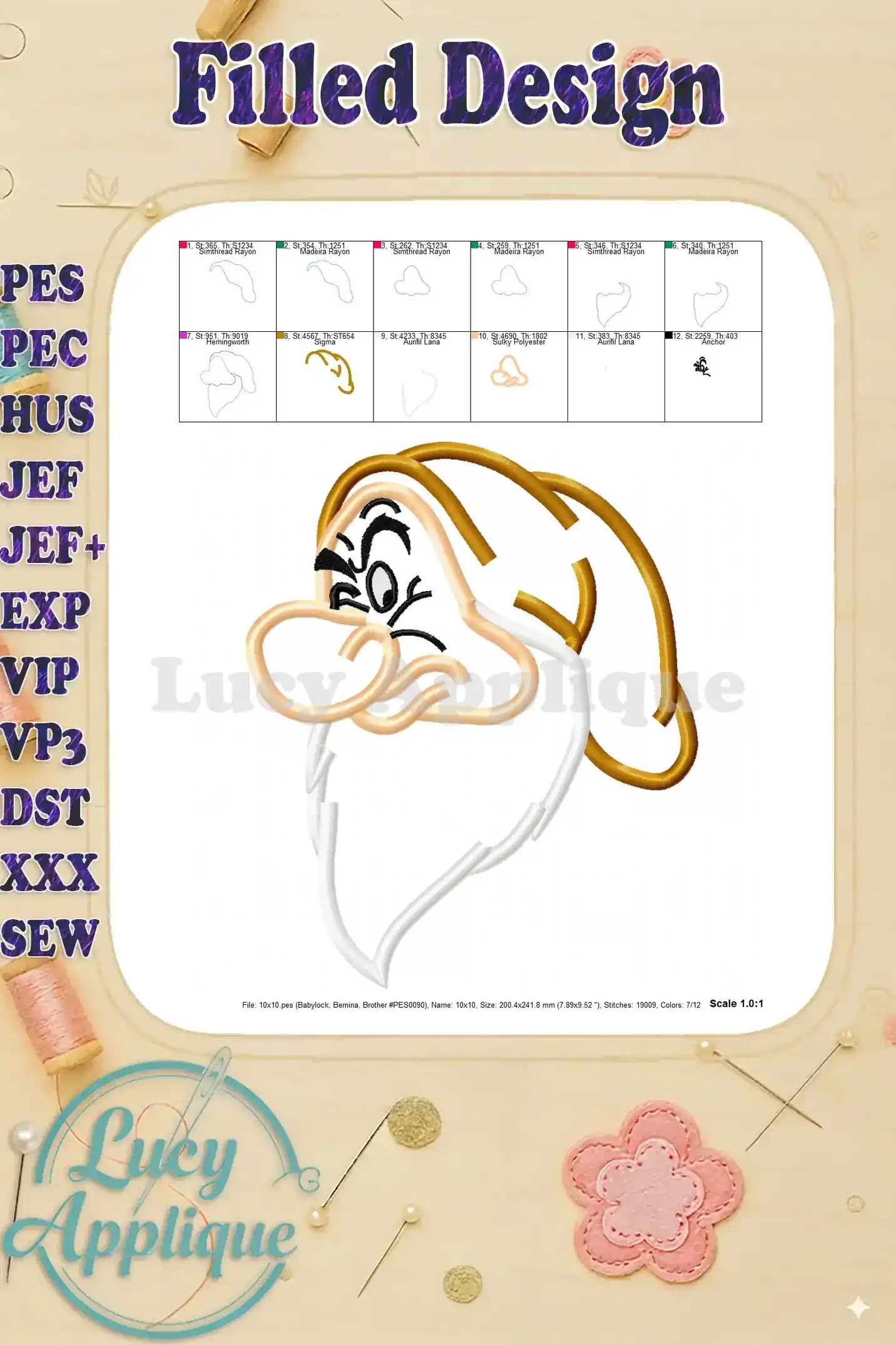 Filled design image of the grumpy dwarf applique embroidery design. Shows the final embroidered look after stitching is complete.