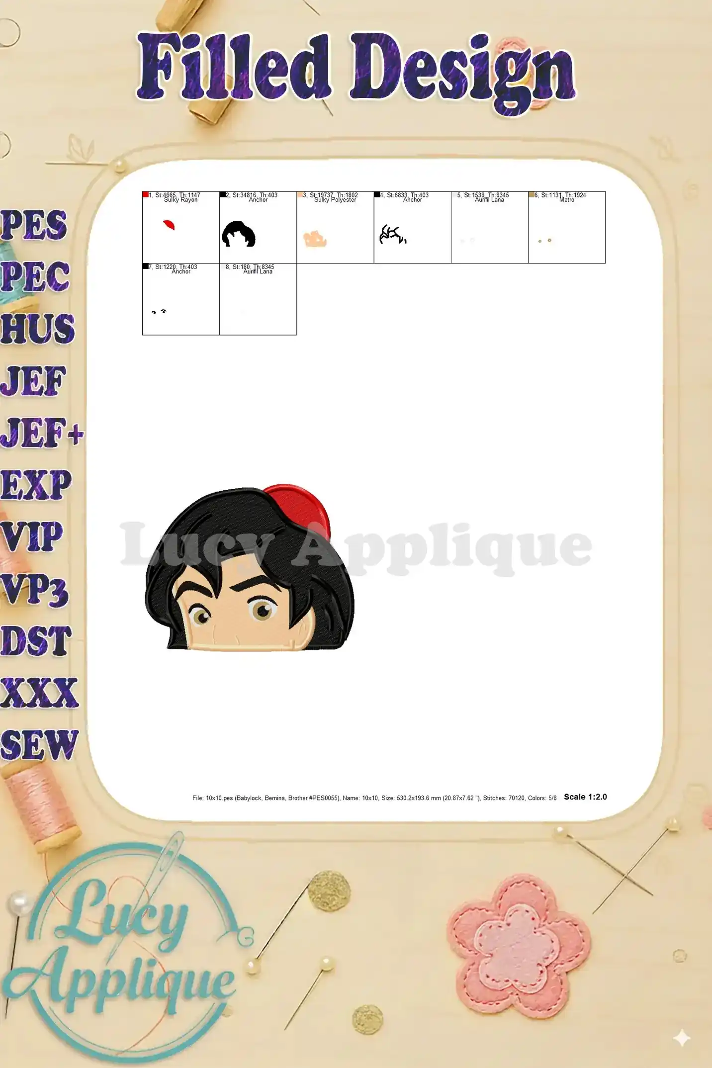 Detailed thread chart for the Aladdin head embroidery design, showing the thread color codes and names. For precise embroidery.