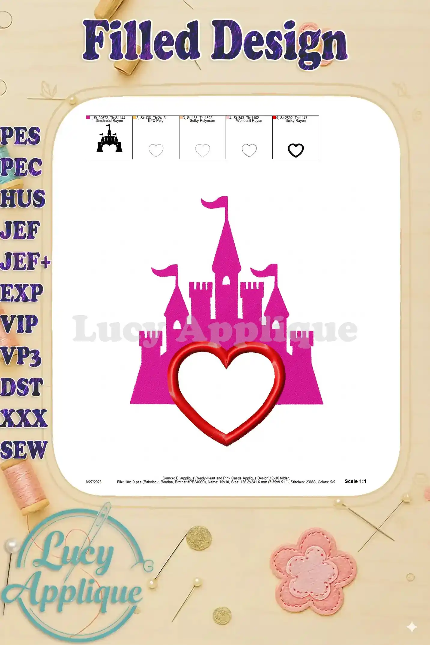 Filled design version of the Heart and Pink Castle applique. This image showcases the complete embroidered design with color variations