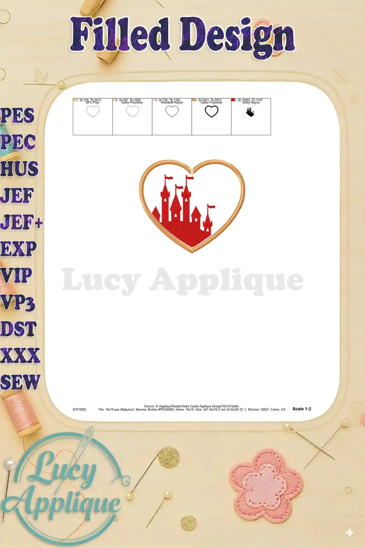 Filled Design of Heart Castle Applique: A preview of the completed embroidery design, showcasing the finished embroidered product.