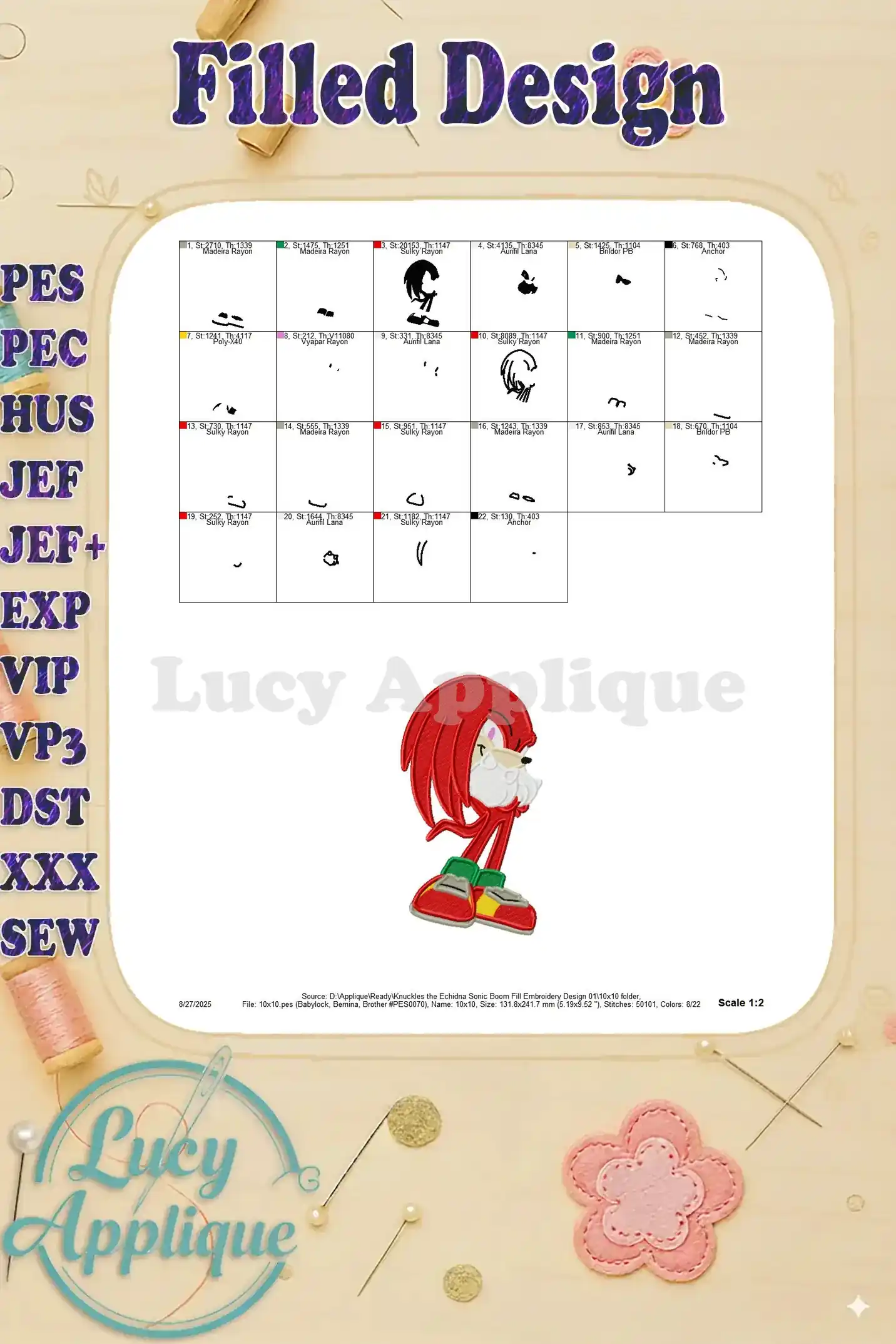 Detailed color chart and placement guide for the Knuckles embroidery design, showing thread colors and placement on the design.