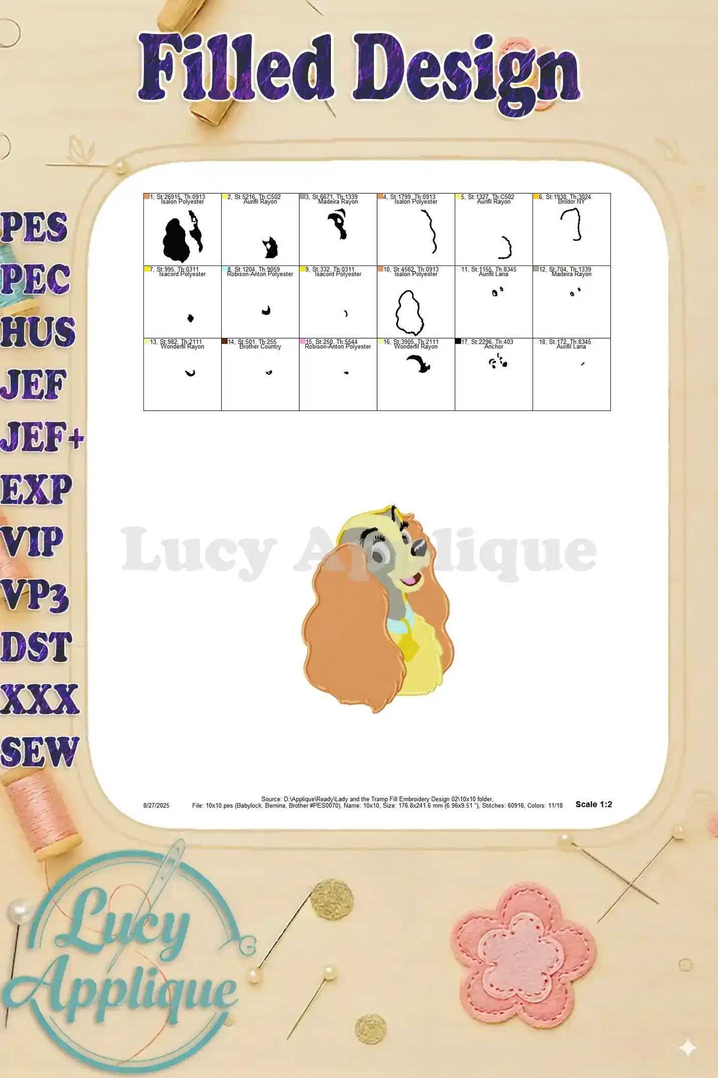 A detailed scale image of the completed Lady and the Tramp embroidery design, showcasing the overall design dimensions and stitch density.