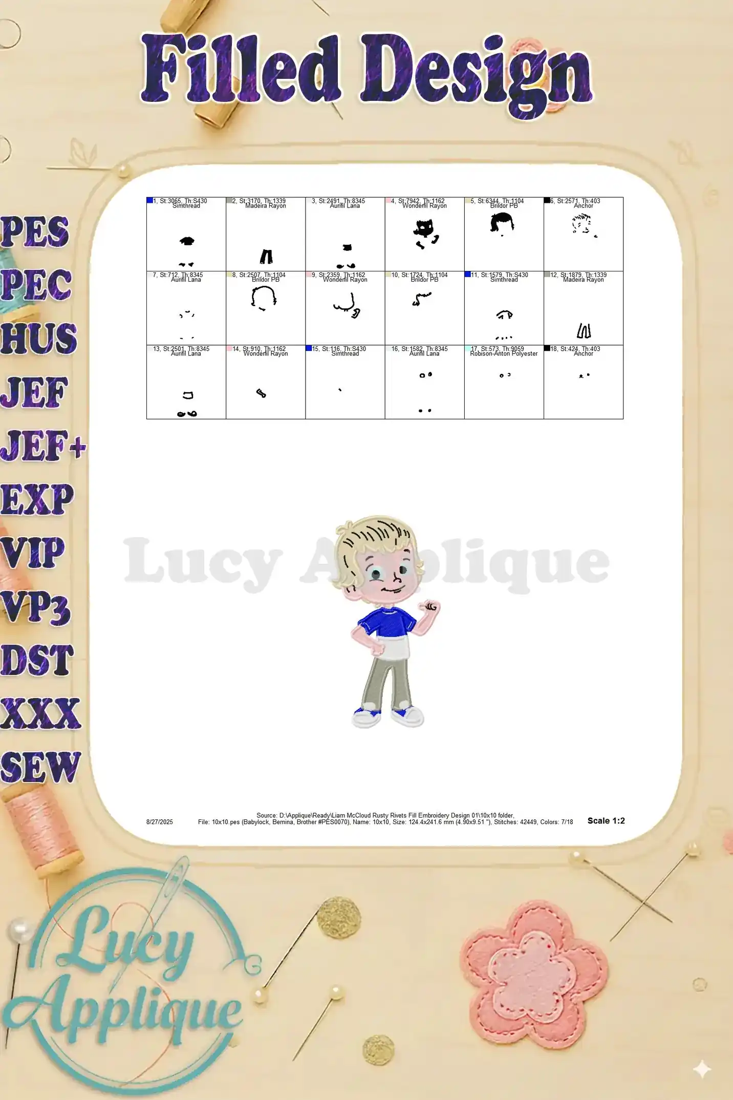 Detailed thread chart for Liam McCloud embroidery design, showing thread colors and their corresponding numbers and quantities.
