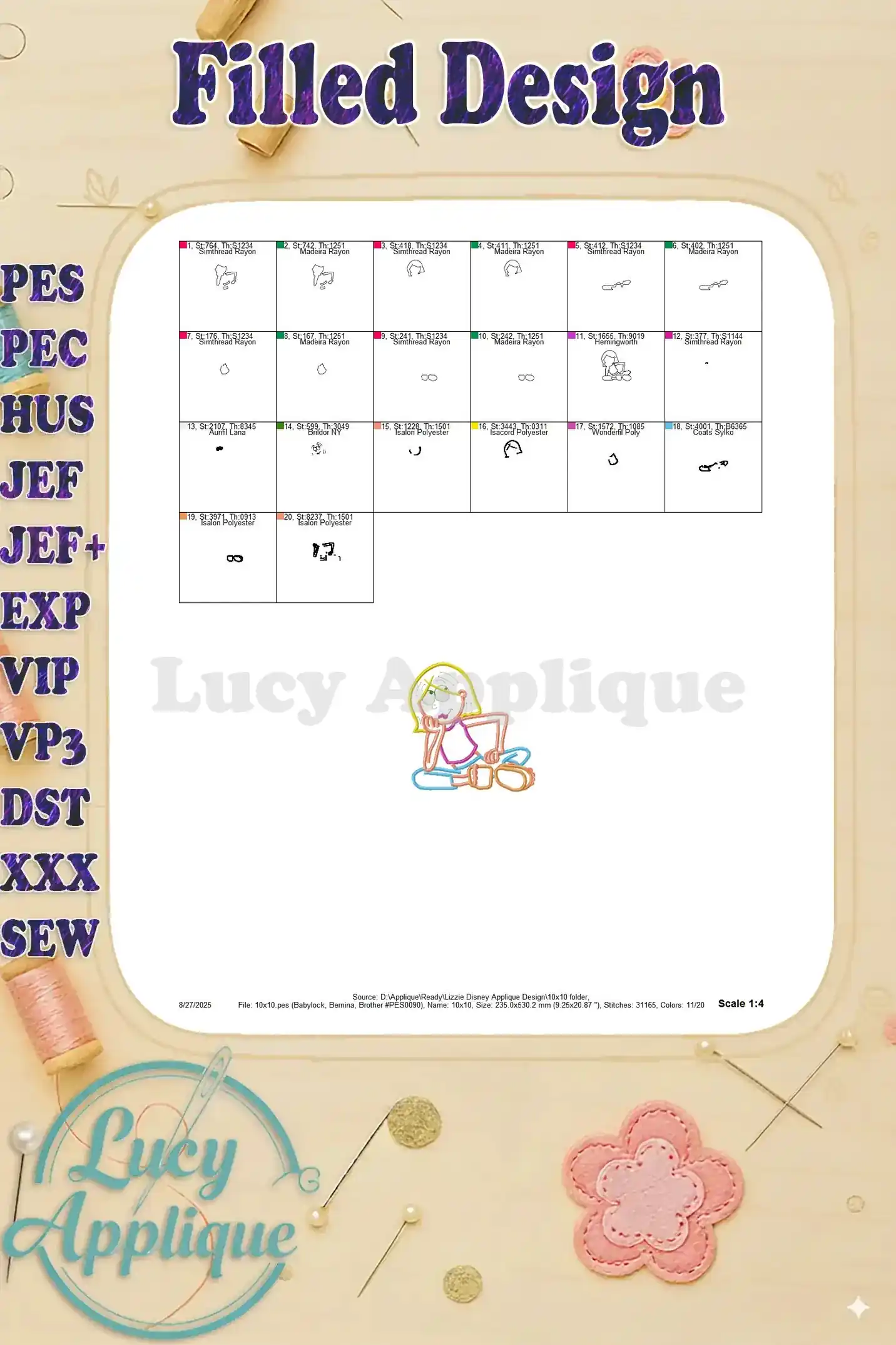 Filled design section showing various color options and thread types for the Lizzie McGuire embroidery design.