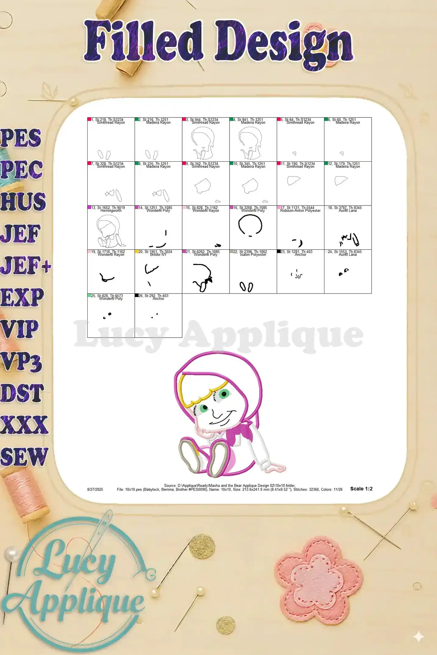 Filled design showing the Masha applique embroidery design. Shows multiple color variations and stitch details.