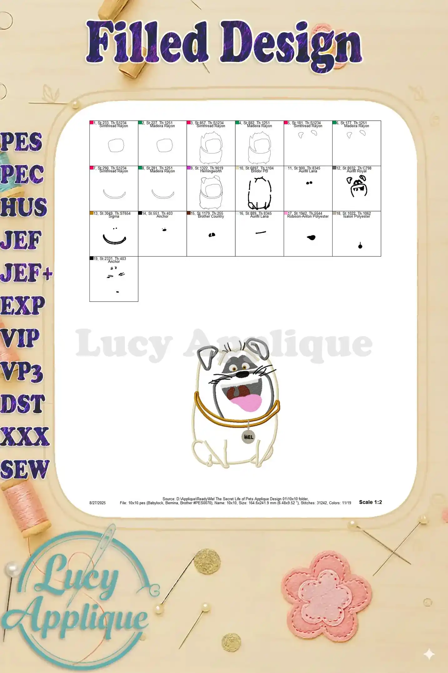 Filled design of Mel the pug from "Secret Life of Pets," showing a color chart and detailed instructions for a filled embroidery design. Multiple thread colors and step-by-step instructions are provided.