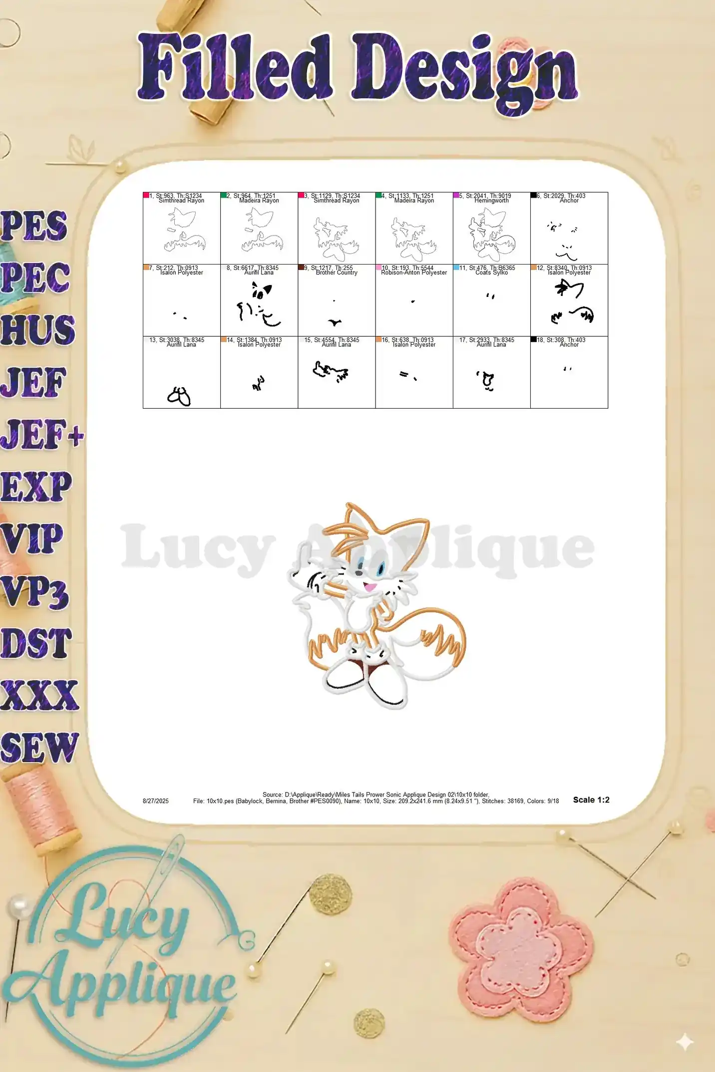 Filled design preview of the Miles Tails Prower applique, showing the completed design's color palette.