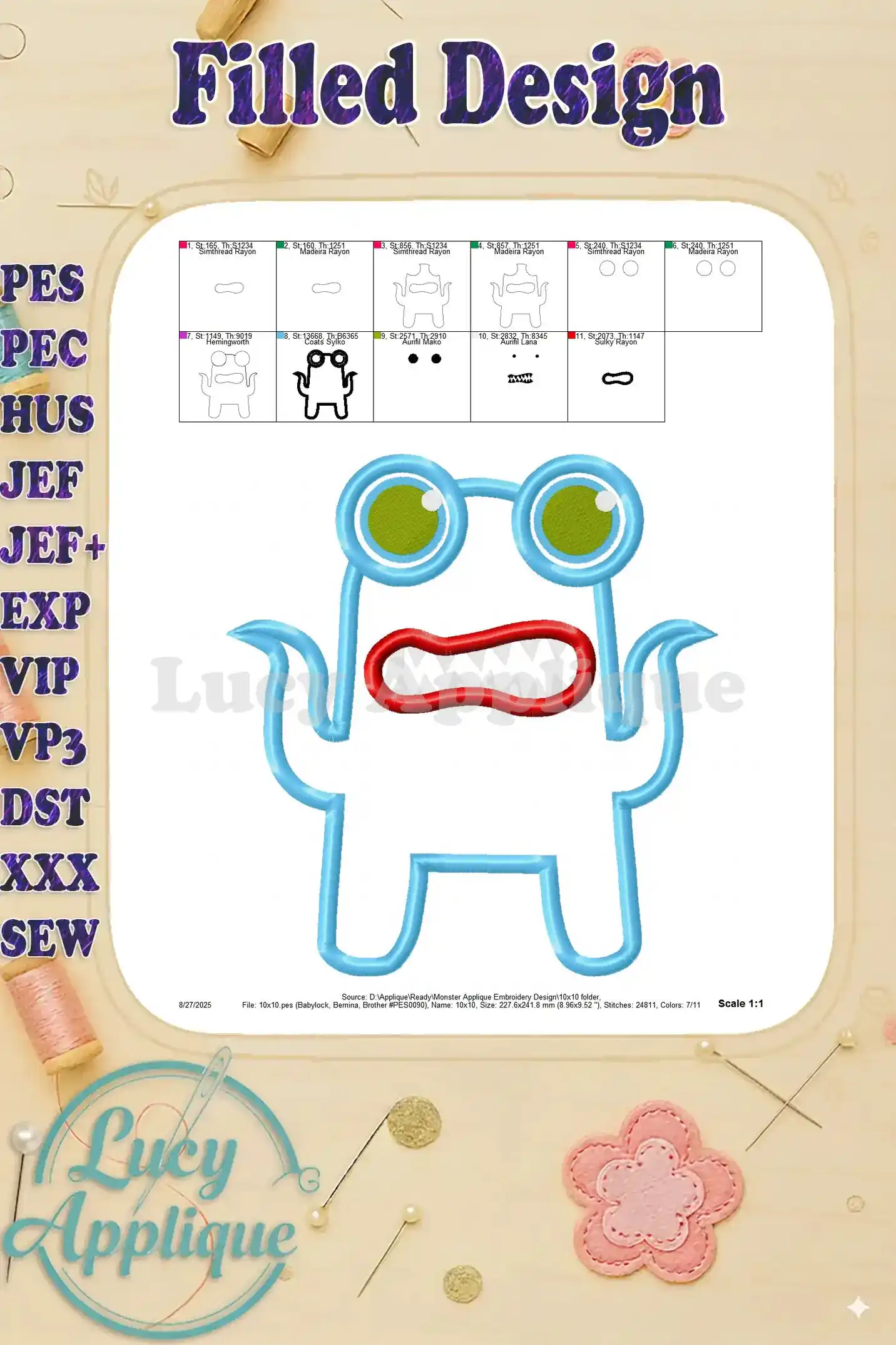 Filled design image showing the completed monster applique embroidery with all colors filled in and ready to be stitched.