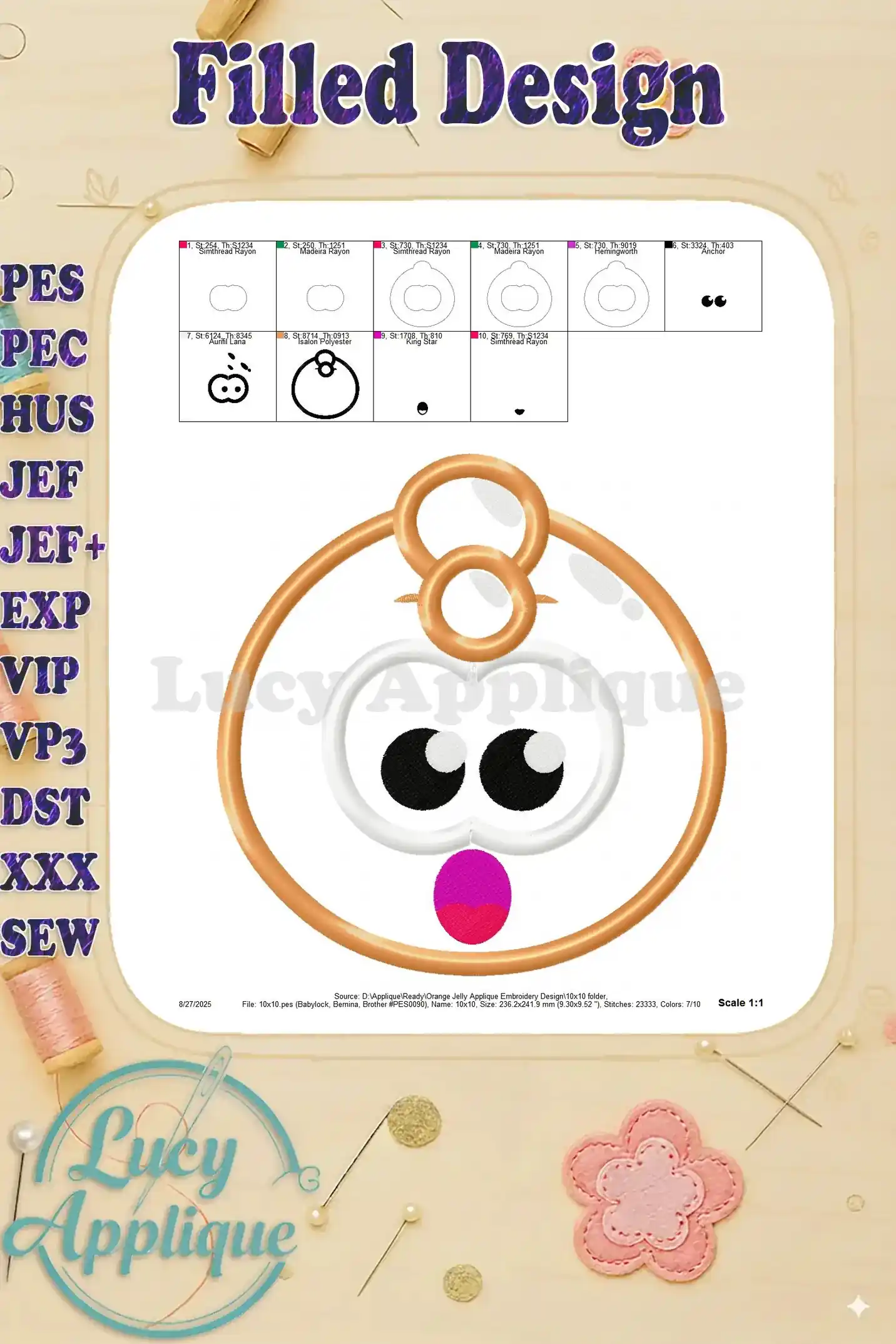 Filled Design image of the Orange Jelly applique embroidery showing the completed look, highlighting the different filled sections of the design.