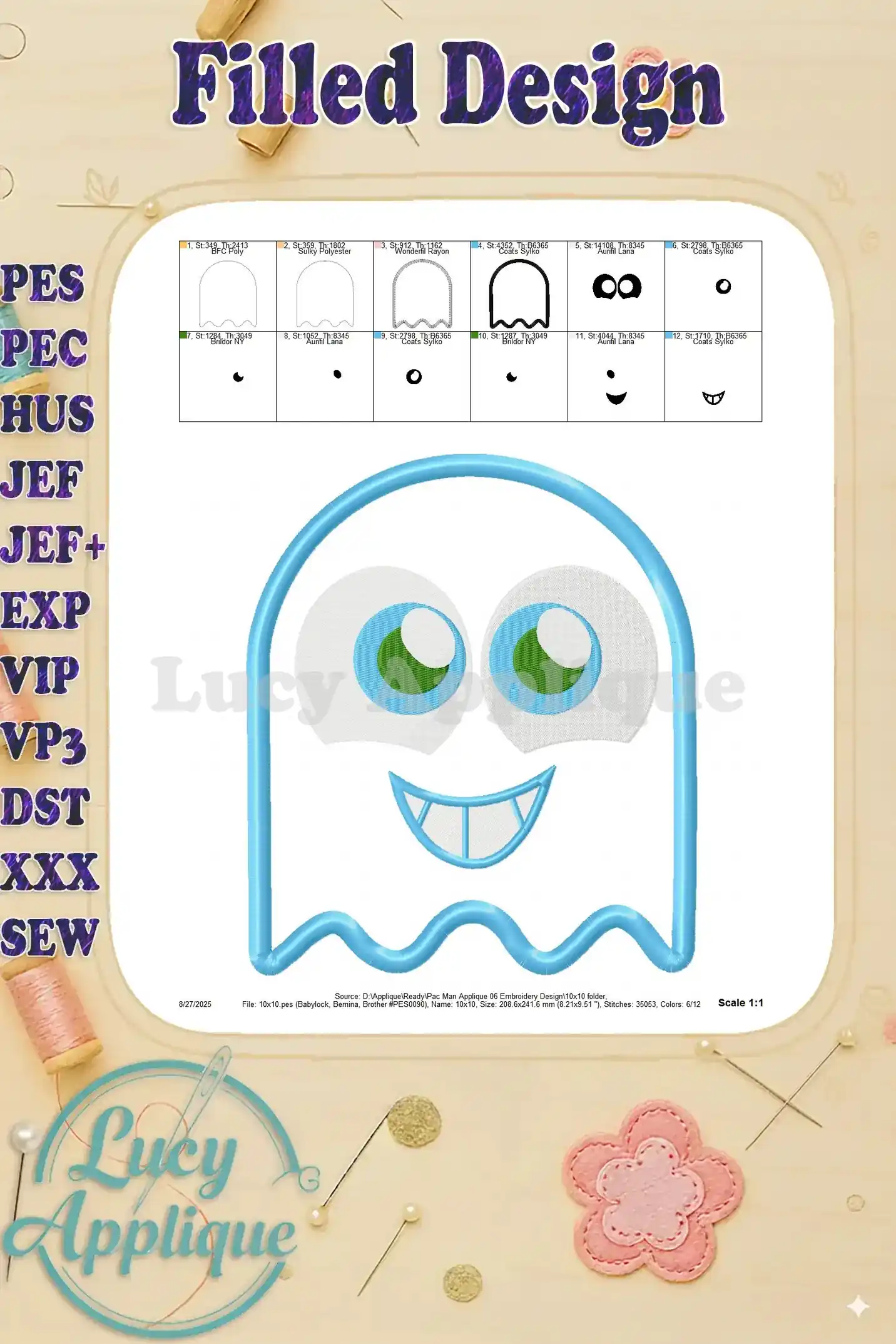 Filled design image for the Pac-Man ghost applique embroidery design, showing the finished look of the embroidery.