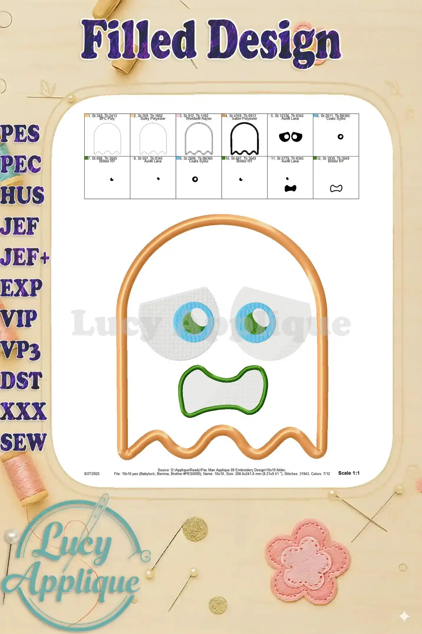 Filled design image showing completed Pac-Man ghost embroidery with various color options. Shows the finished product with different color variations.