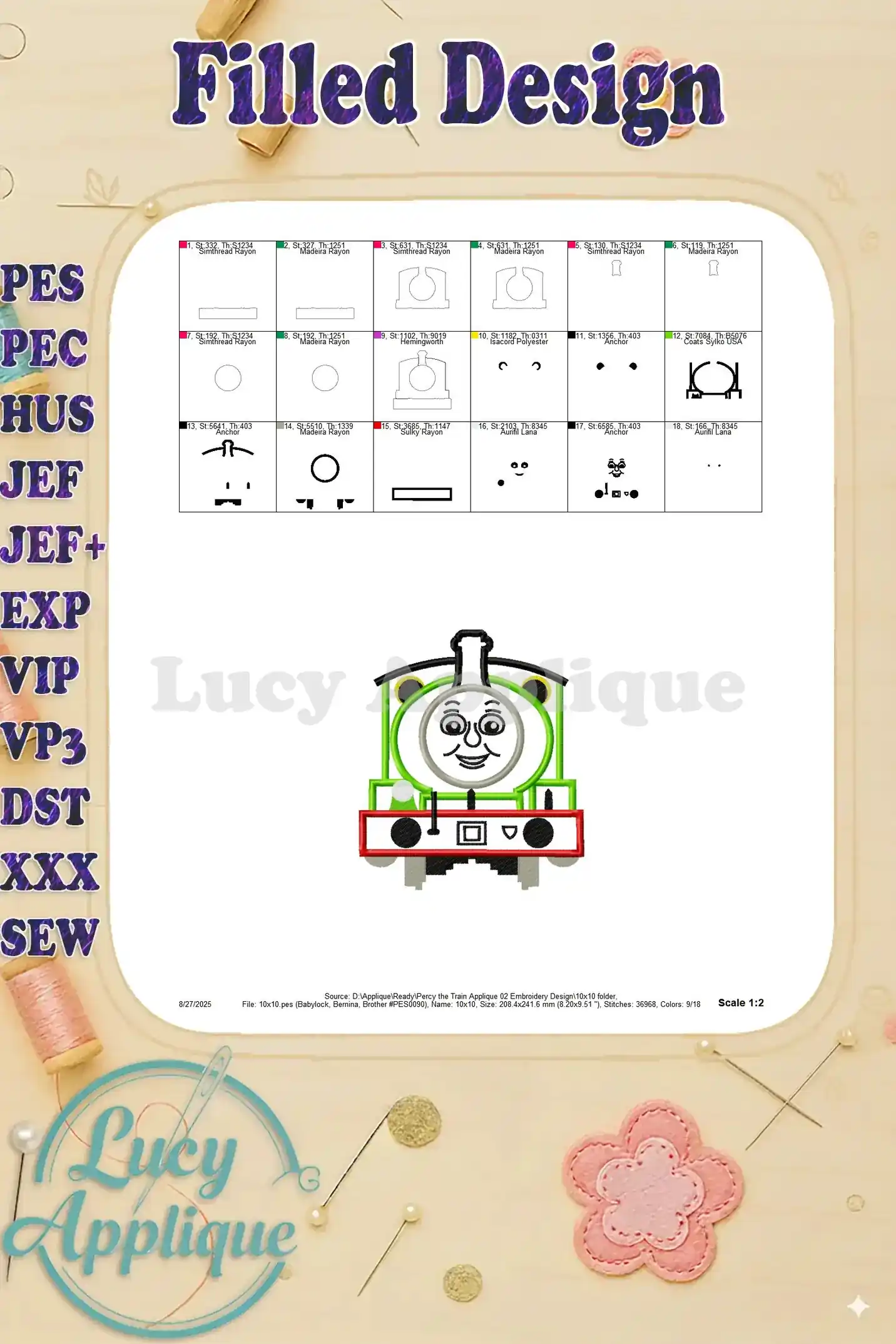 Filled design image of Percy the Train applique, showing the completed embroidery design without the outline. Includes color chart and thread details.