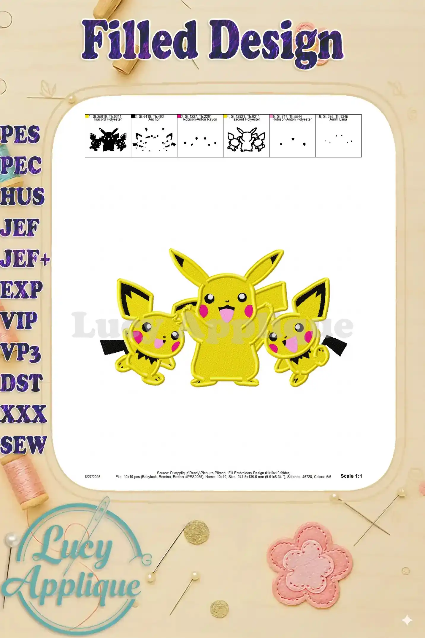 Color chart of the Pichu and Pikachu embroidery design, showing each color and its corresponding thread number.