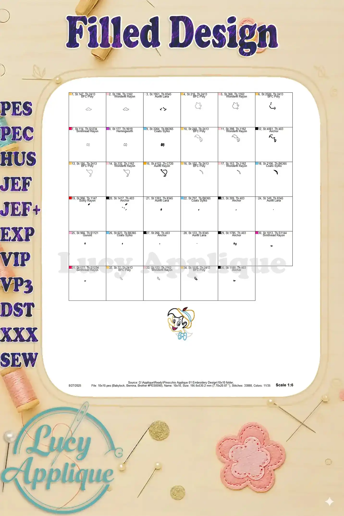 Filled design chart for the Pinocchio applique embroidery design, showing the color palette and arrangement of stitches for the filled sections.