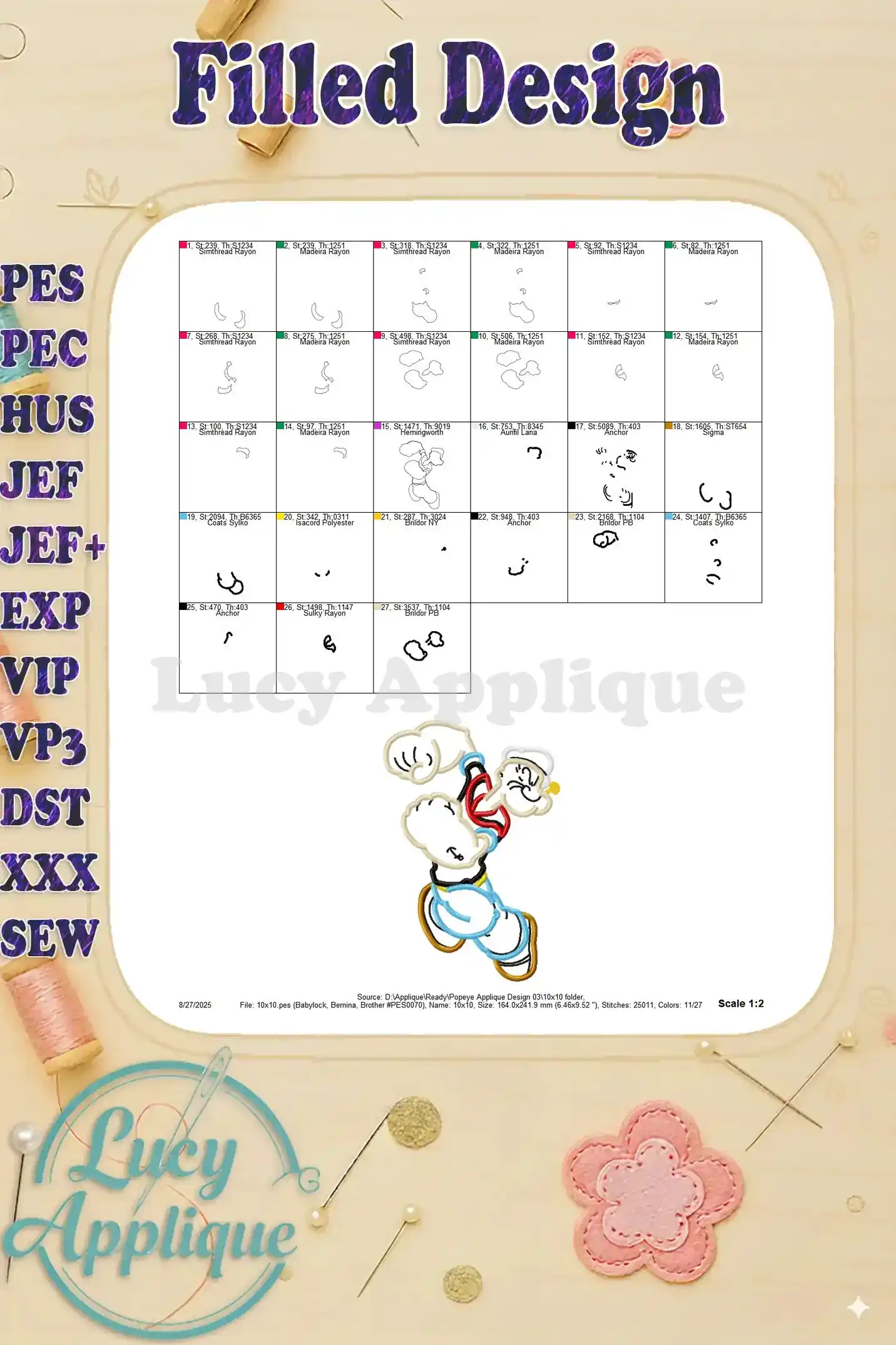 Detailed filled design chart for the Popeye applique, showing stitch count and thread usage.