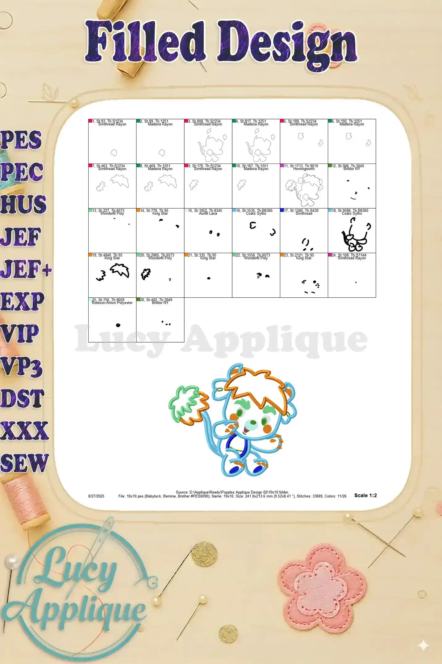 Filled design showing the final look of the embroidered Popples applique. It showcases the complete design with all colors and details, giving a preview of the finished product. Useful for visualizing the final result before starting the embroidery process.