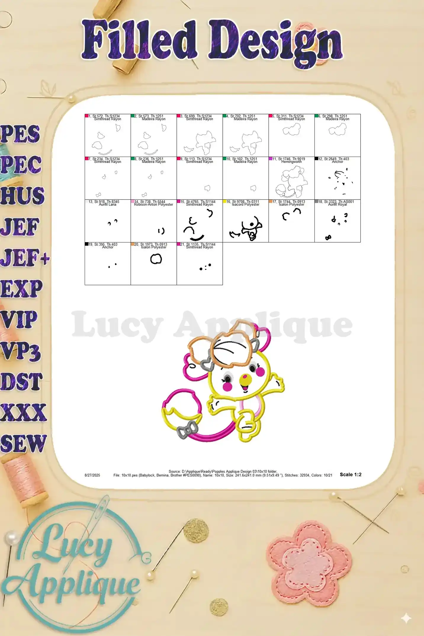 Filled design section showcasing the completed Popples applique embroidery. This image provides a clear view of the finished product, highlighting the design's vibrant colors and intricate details.