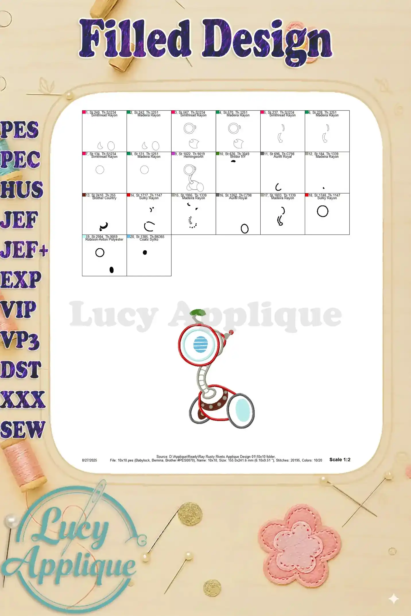 Filled design overview for the Ray Rusty Rivets applique, showing the complete design with color sections and stitch information.