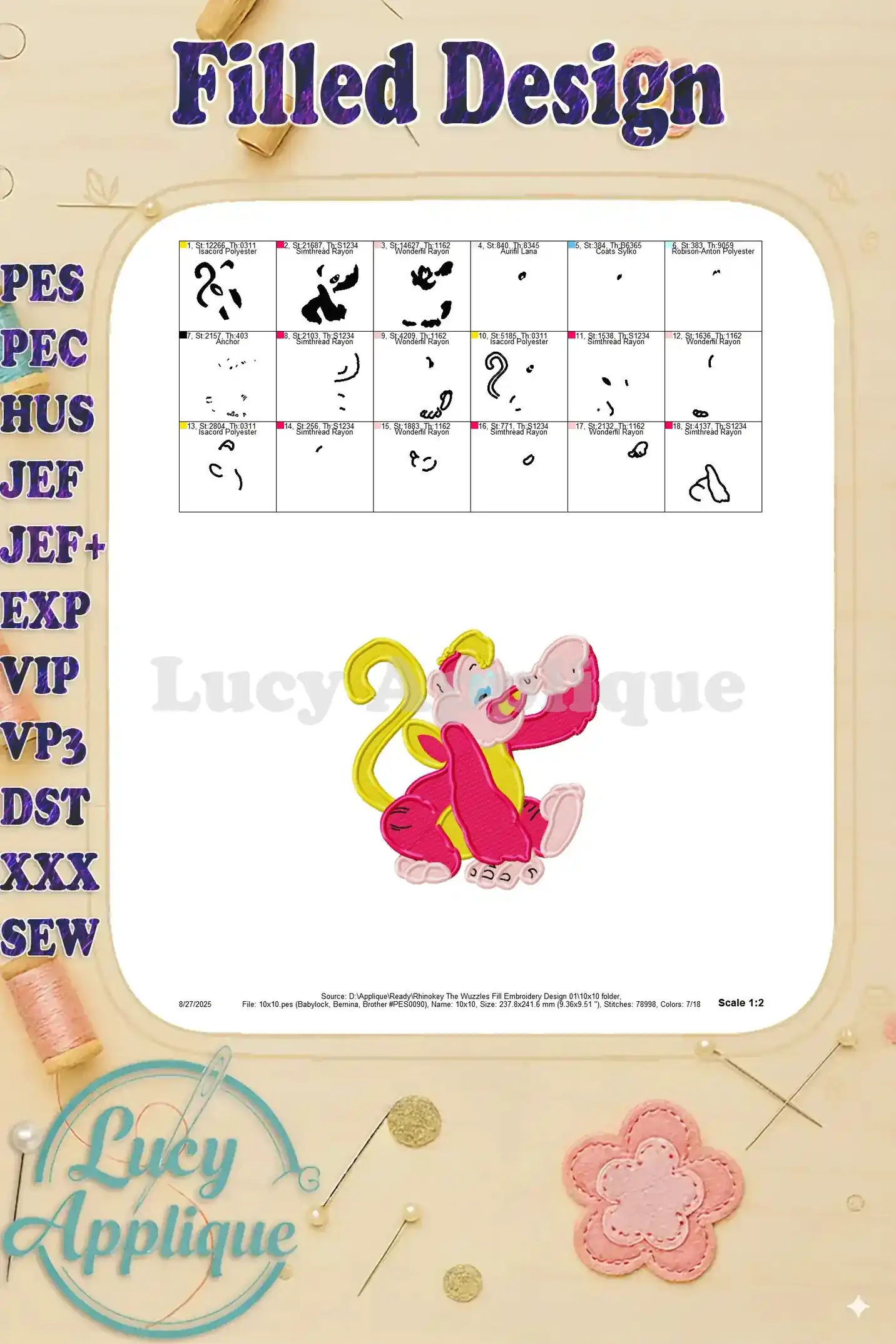 Scale 1:2 view of the Rhinokey embroidery design, showing the thread colors and placement for accurate stitching.