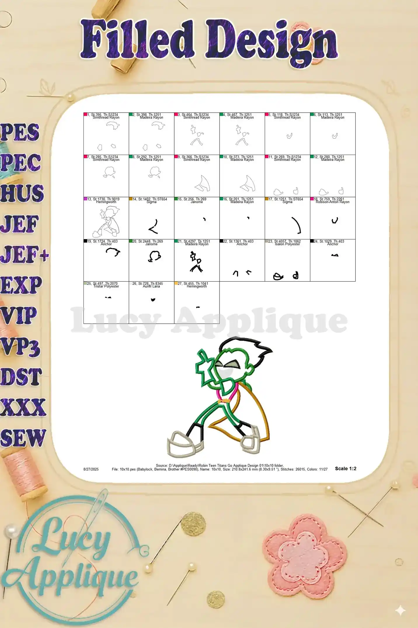 Filled design image for the Robin Teen Titans Go applique embroidery showing a color chart and detailed information for stitching.