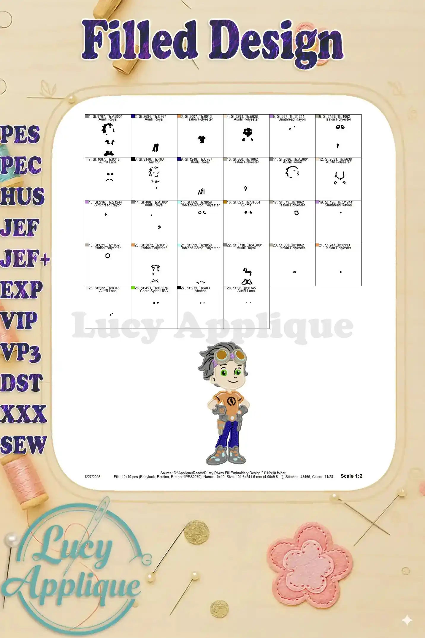 Scale 1:2 preview of the Rusty Rivets embroidery design showing the placement of each color block.