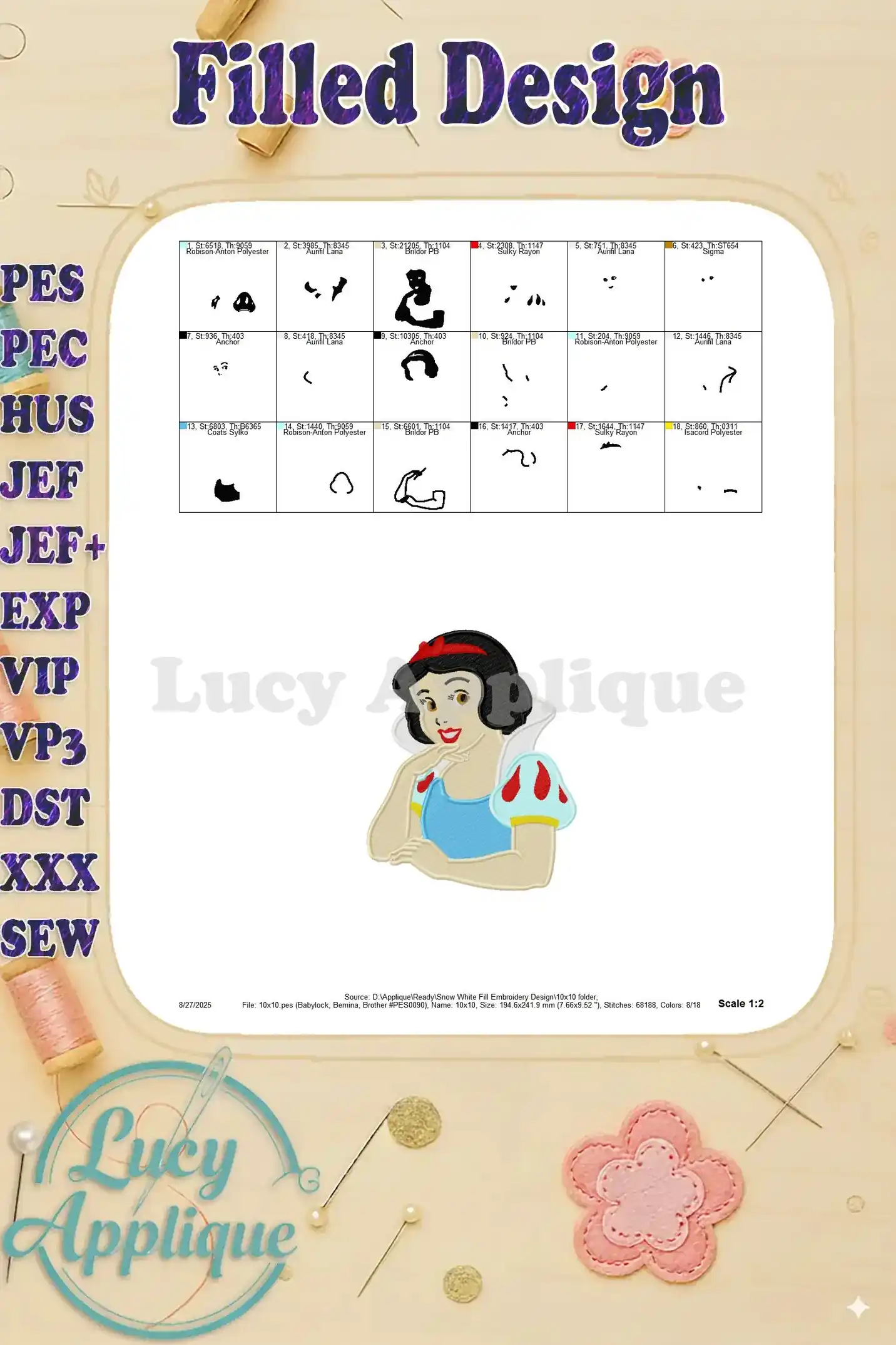 Thread chart and color key for the Snow White embroidery design, showing thread types and usage amounts.