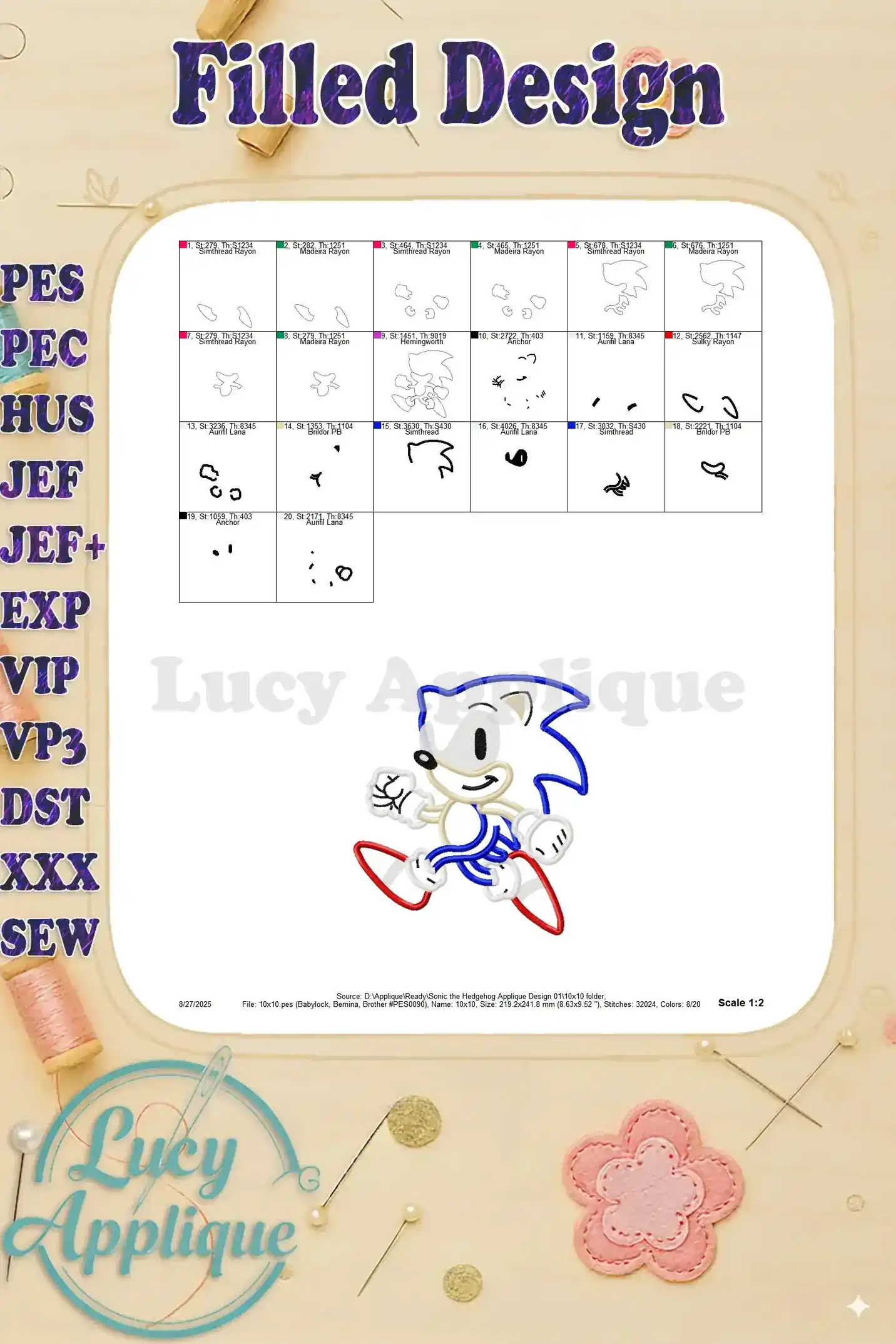 Filled design showing the completed Sonic applique, showcasing the final embroidered product in various color schemes.