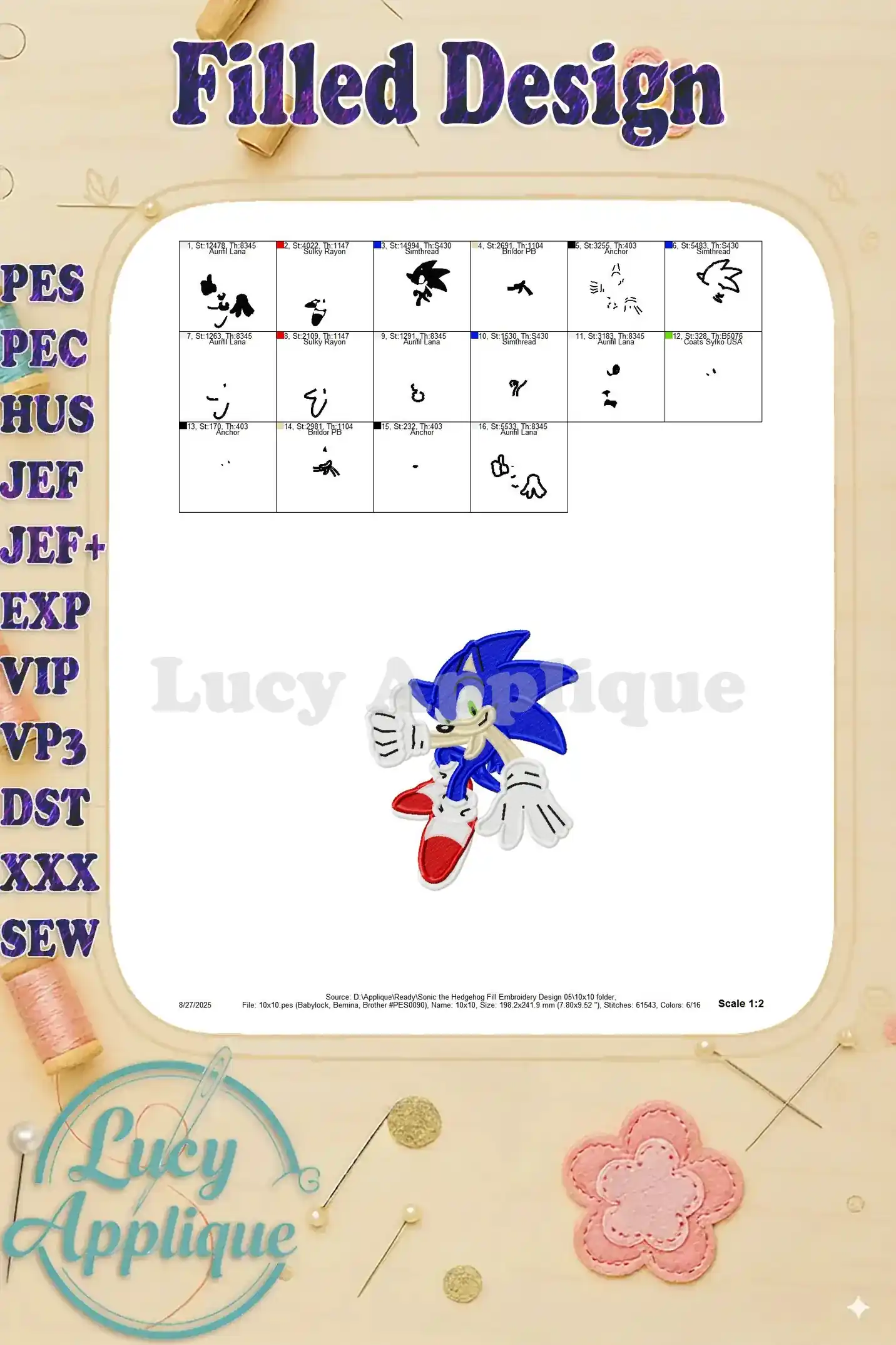 Scale 1:2 view of the Sonic embroidery design, showing a grid layout of the different sections and their corresponding thread colors.