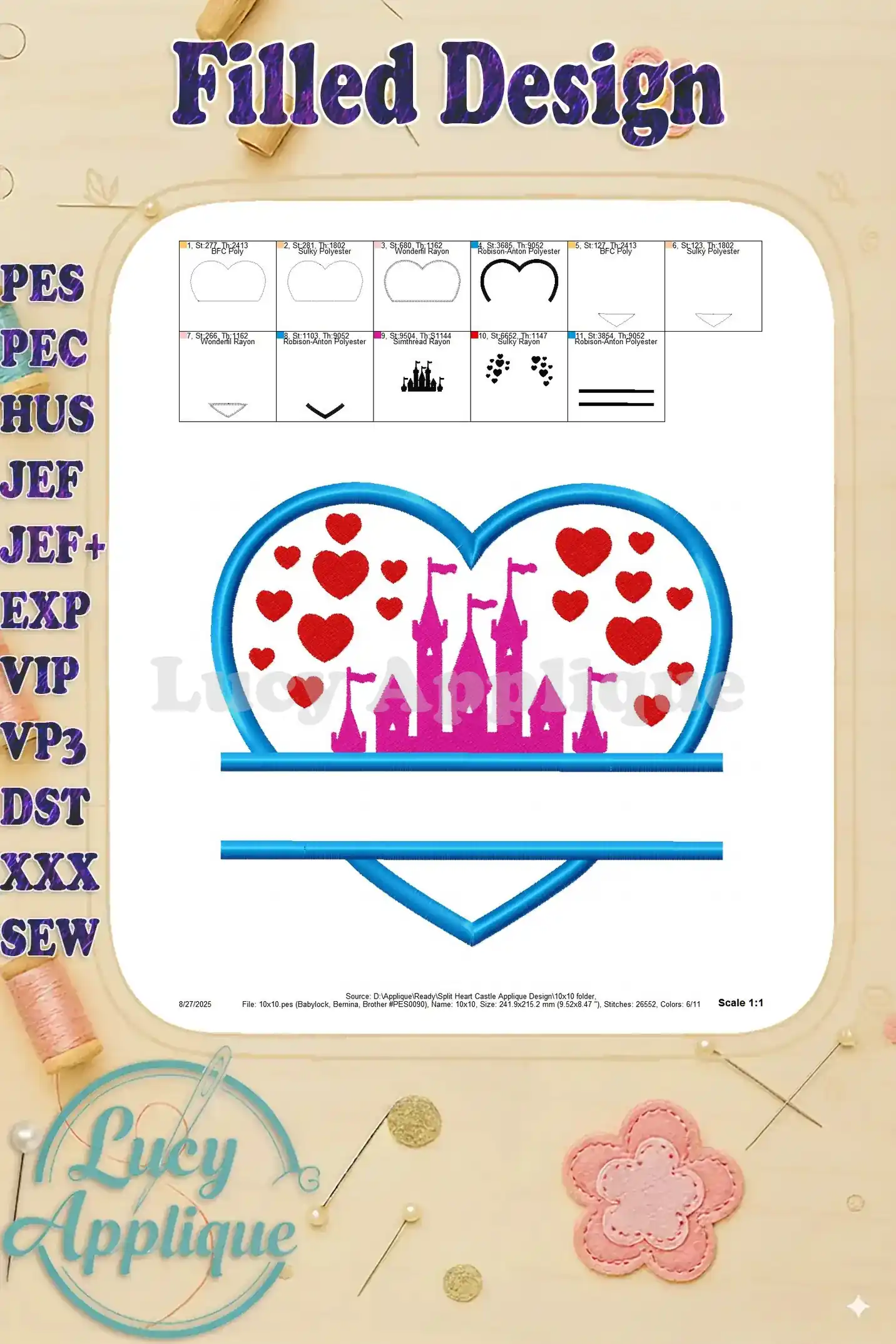 Filled design image of the Split Heart Castle applique, showing the completed embroidery with all its elements stitched. Provides a full view before cutting.
