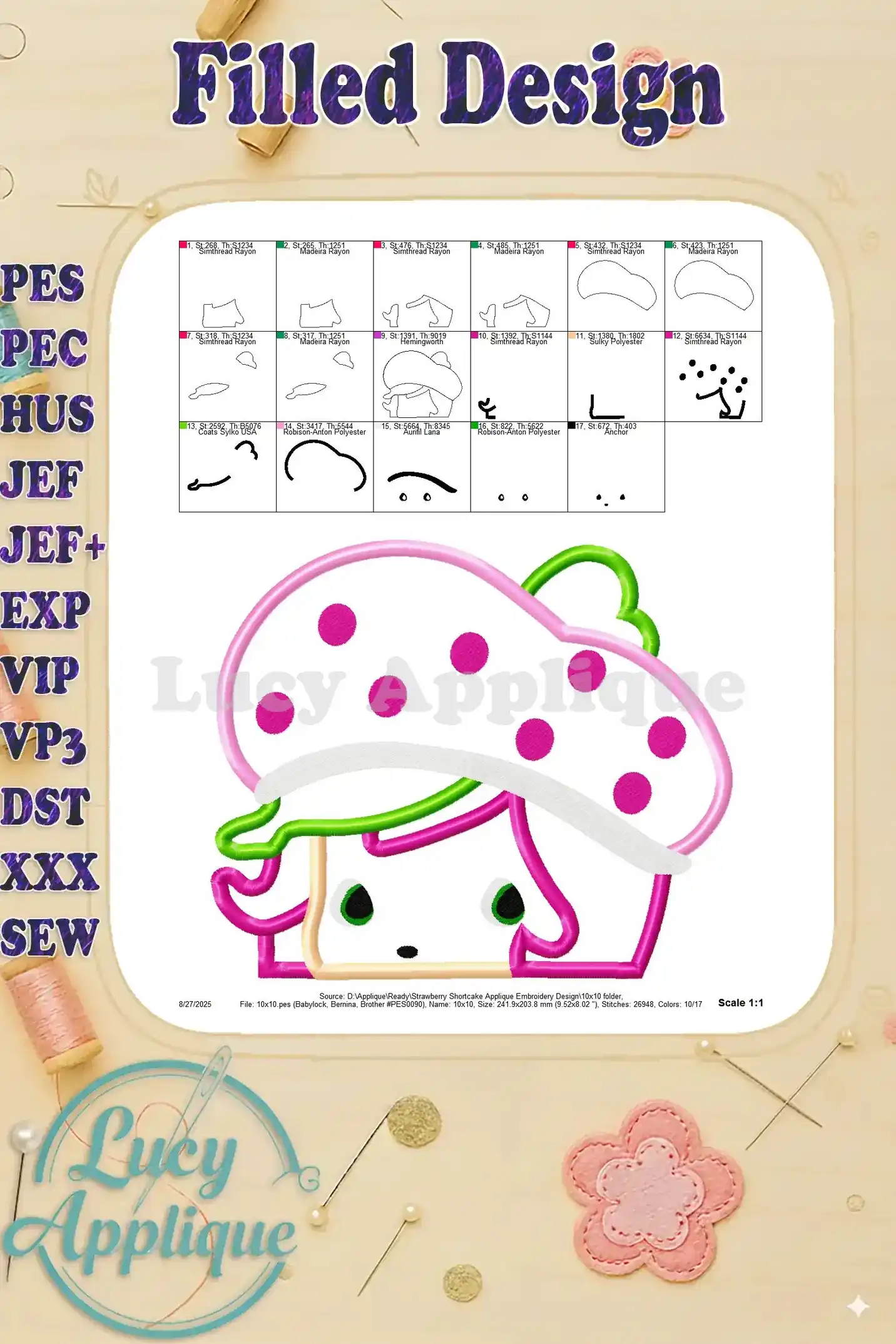 Filled design image for the Strawberry Shortcake applique embroidery design, showcasing the completed design with all stitches in place.