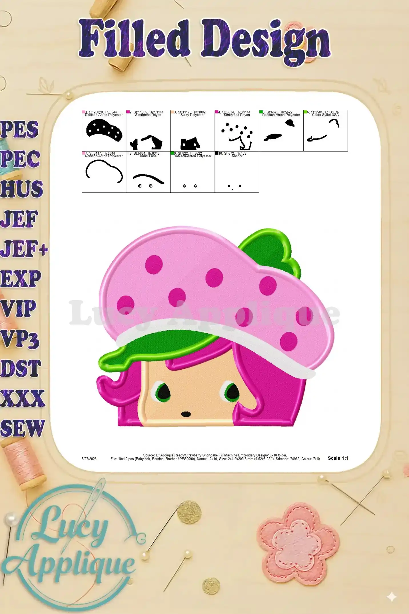 Detailed view of Strawberry Shortcake embroidery design, showcasing stitching details and elements. Useful for embroidery.