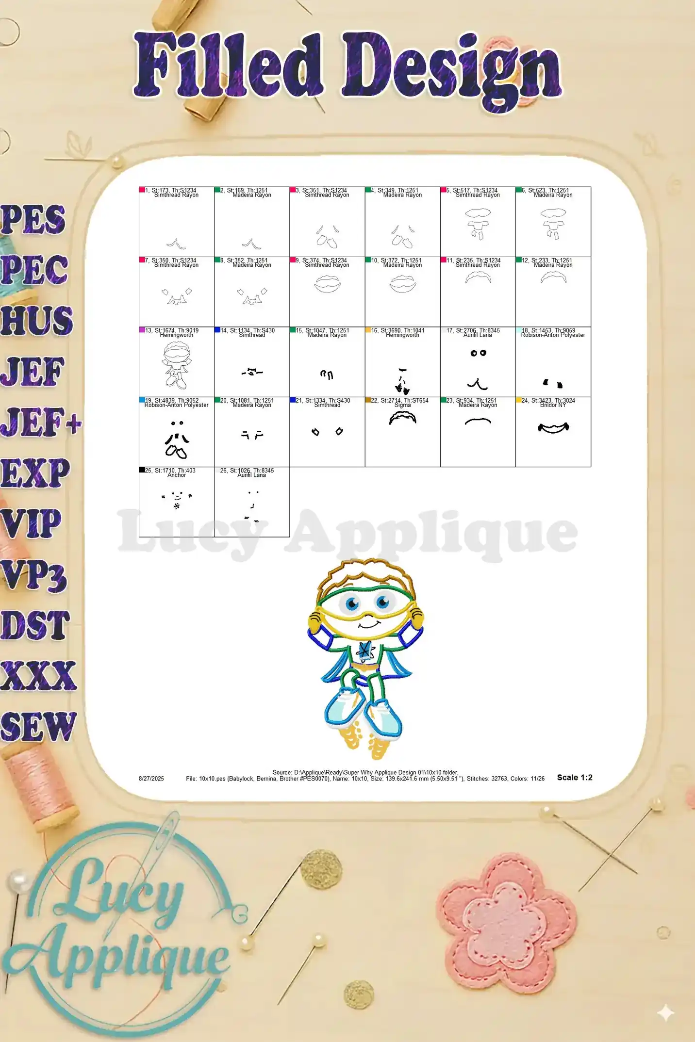 A detailed filled design chart for the Super Why applique showing thread details, stitch counts, and other relevant information for embroidering the design.