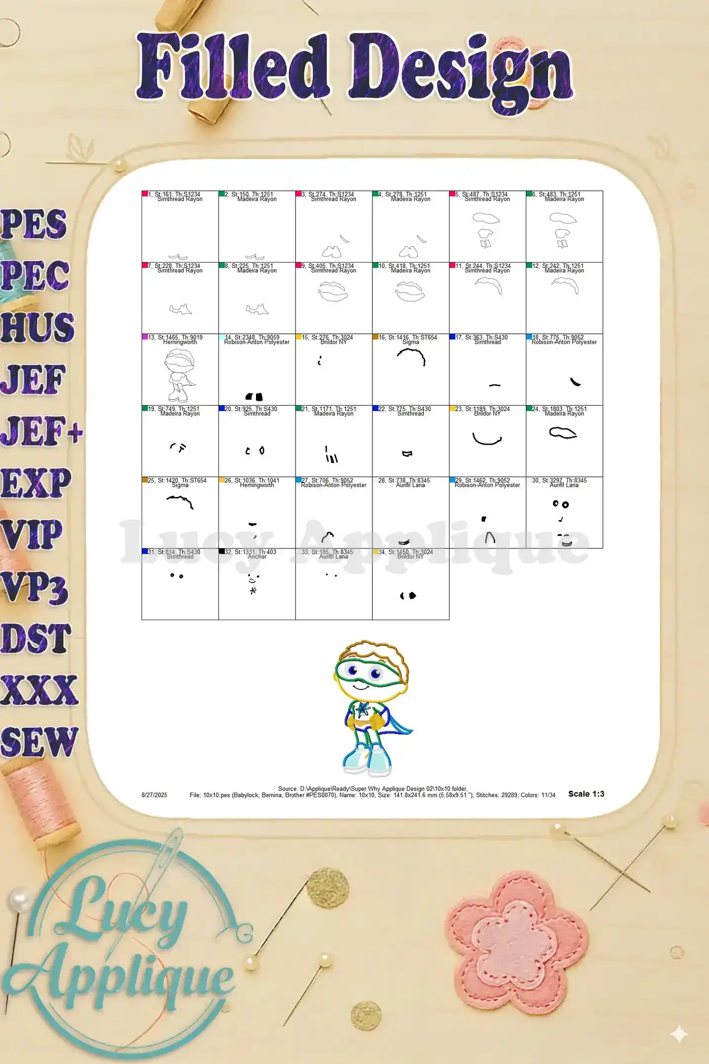 Filled design chart for the Super Why applique, showing individual sections and their corresponding thread colors and stitch types.
