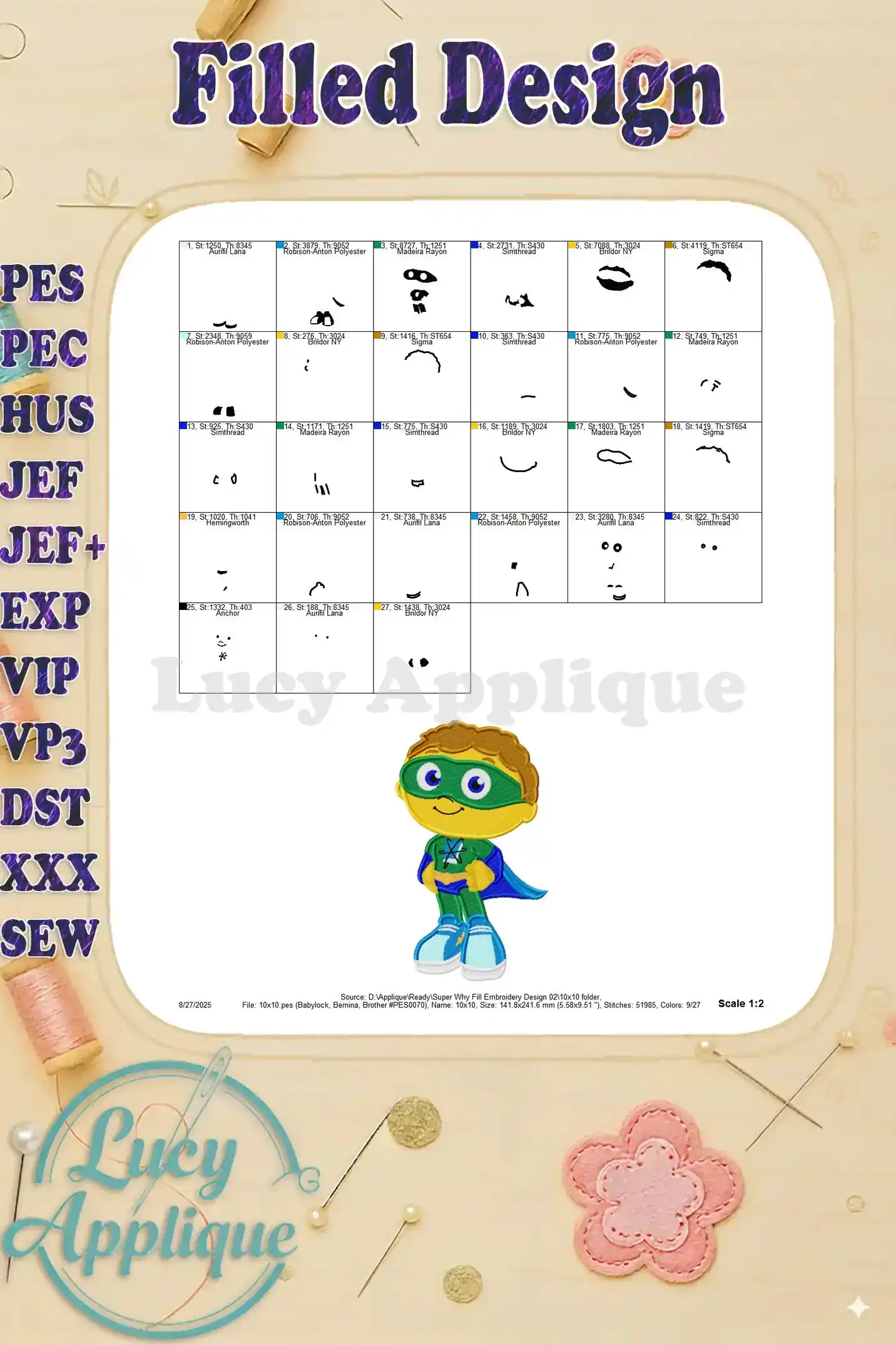 Detailed color chart for the Super Why filled embroidery design, showing thread colors and corresponding numbers for easy reference.