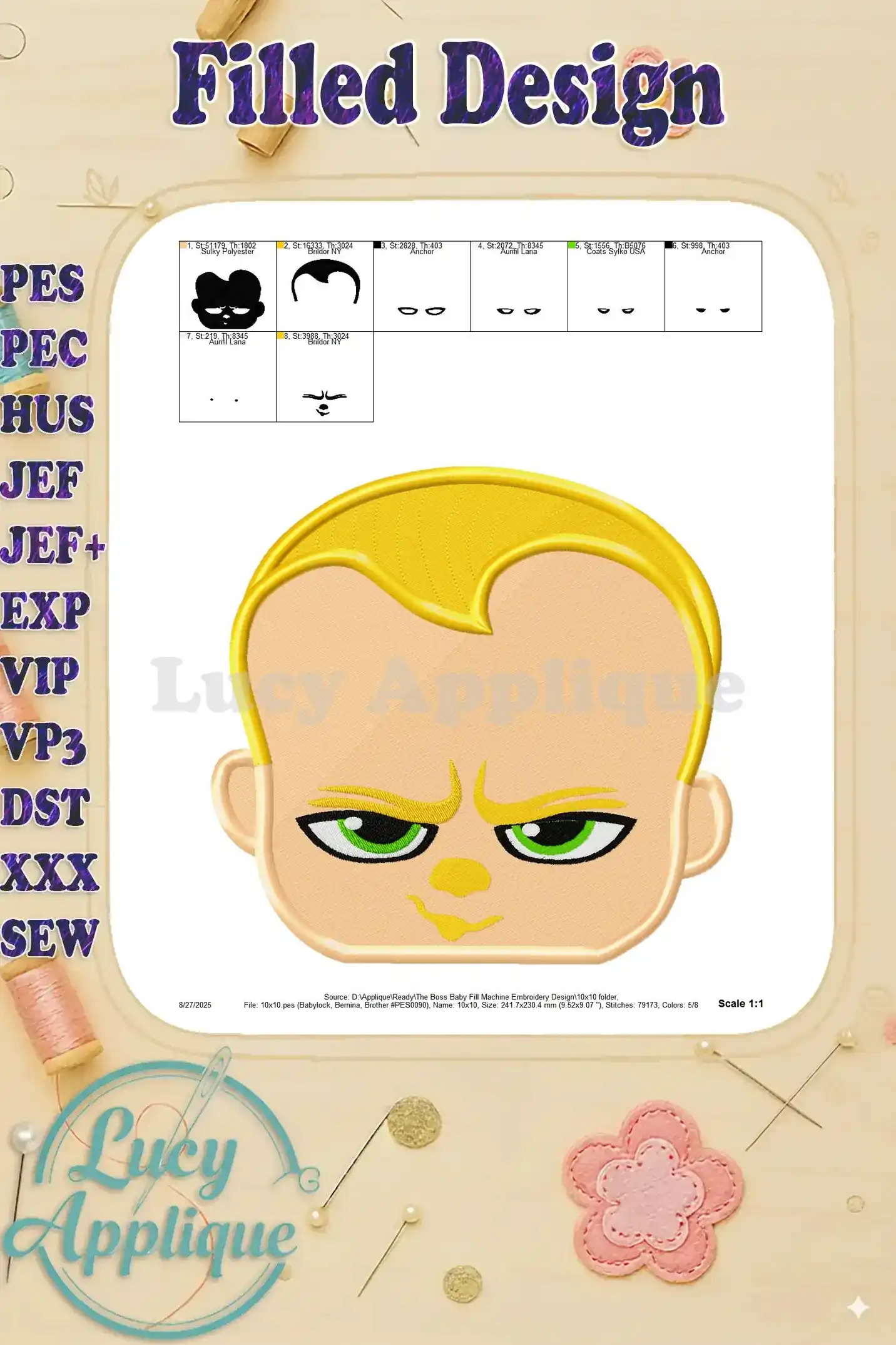 Detailed color chart and arrangement guide for The Boss Baby embroidery machine design, showing individual sections and color codes.