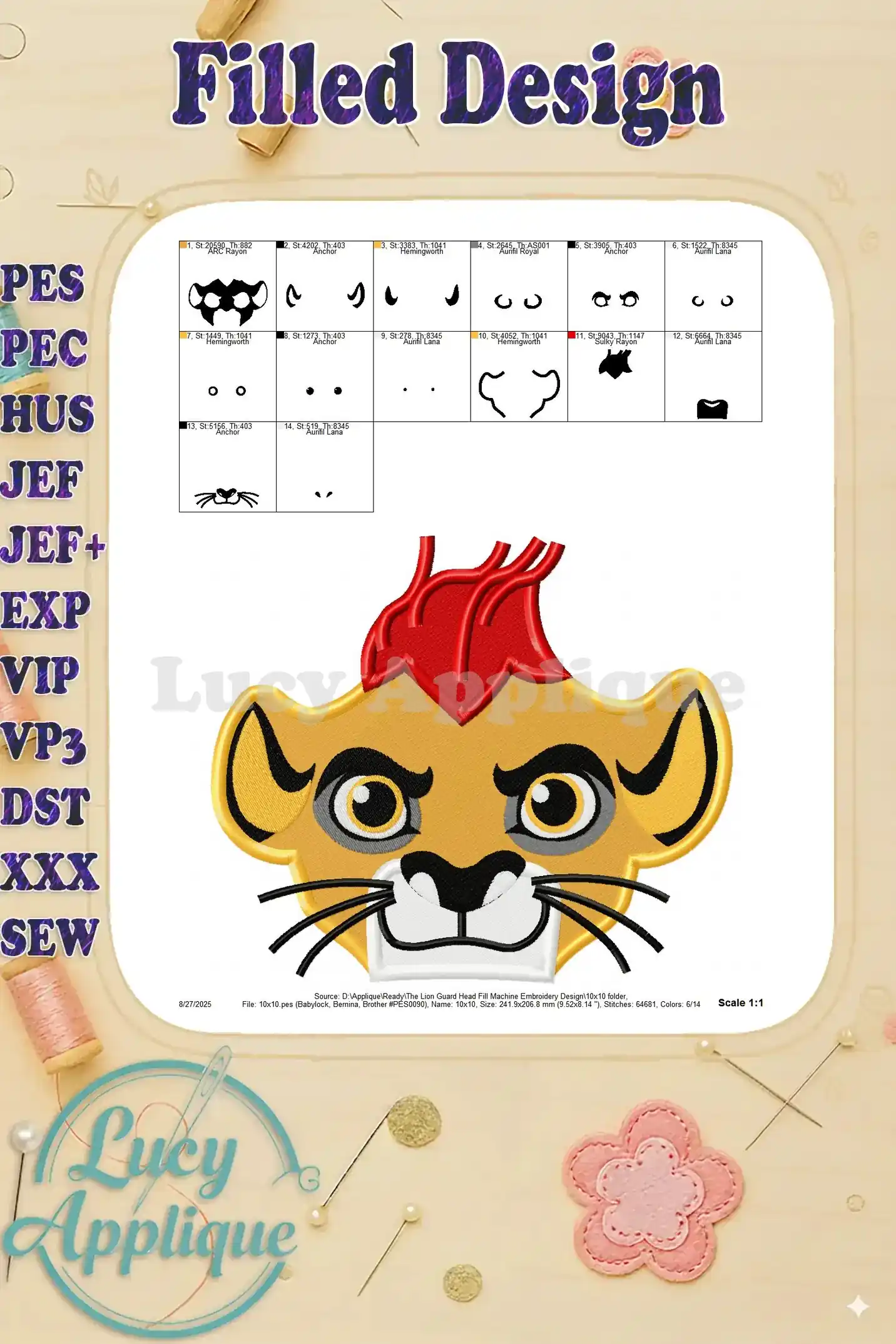The complete embroidery design of Kion's head from The Lion Guard, showcasing a filled design with vibrant red and orange mane.