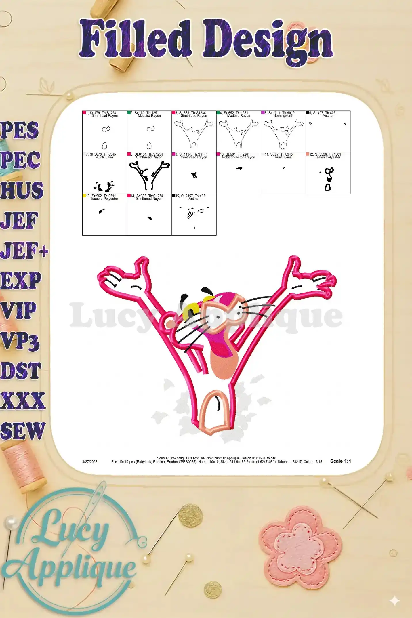 Filled embroidery design of the Pink Panther applique, showing the completed design in pink with various stitch types.