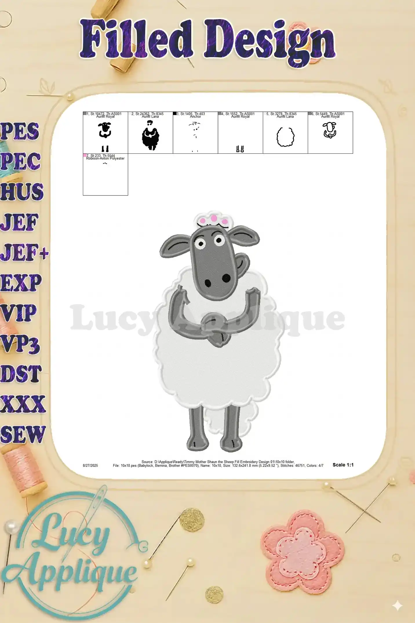 Detailed view of the filled embroidery design, including scale and file source information for the Timmy Mother Shaun the Sheep design.