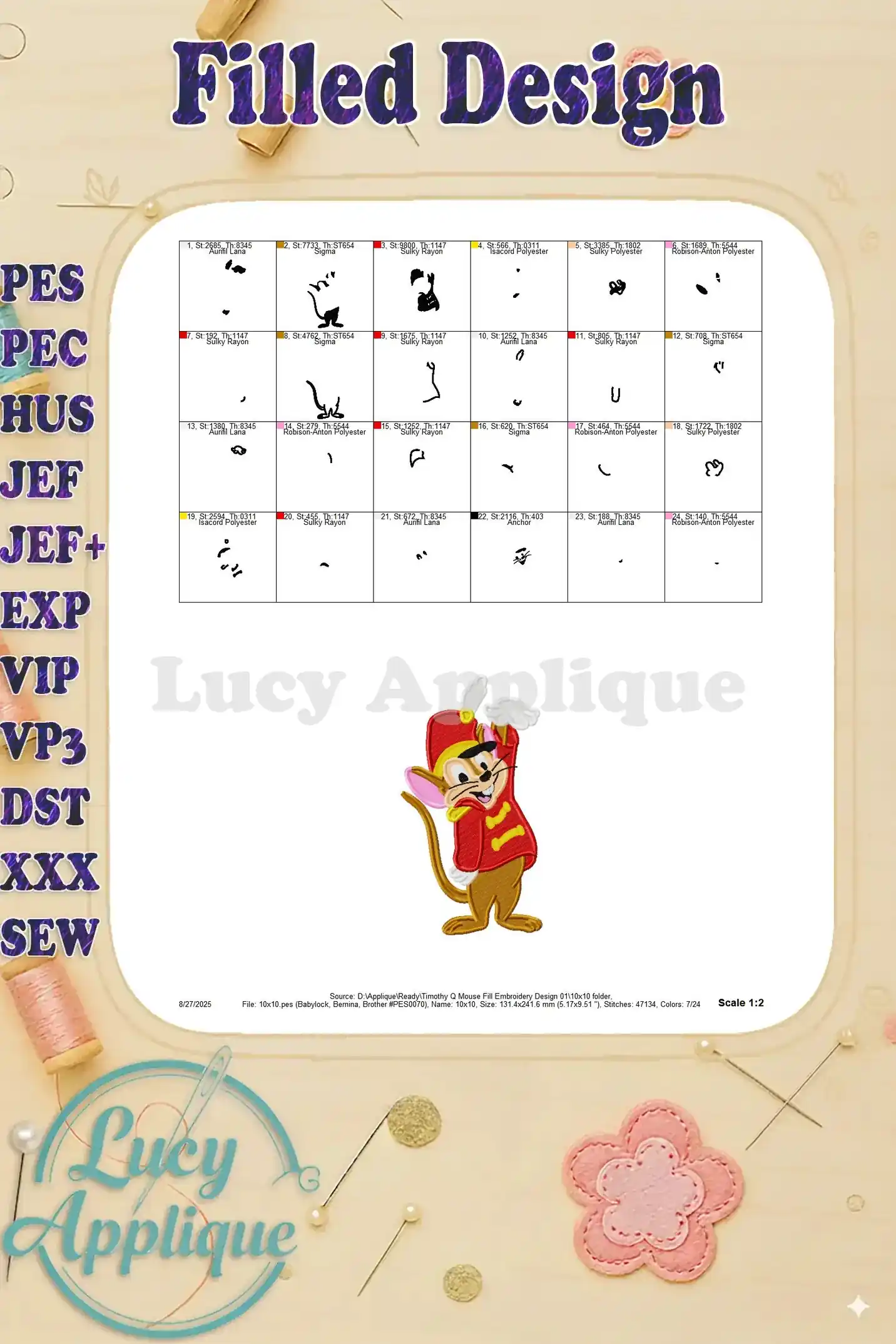 Detailed color chart and thread usage for Timothy Q Mouse embroidery design, showing small sections of the design with color codes and thread information.