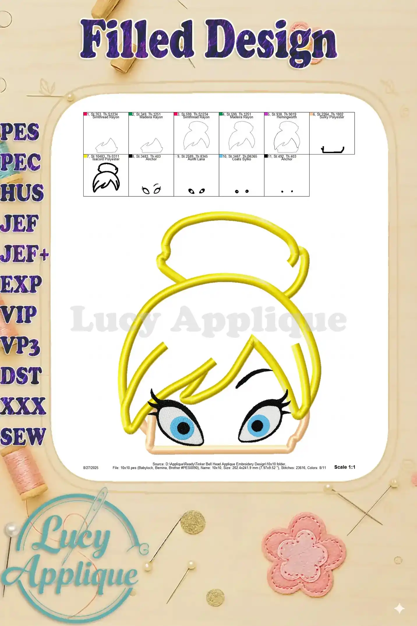 A filled design of Tinker Bell's head, showcasing the completed applique embroidery design, ready to be stitched onto fabric.