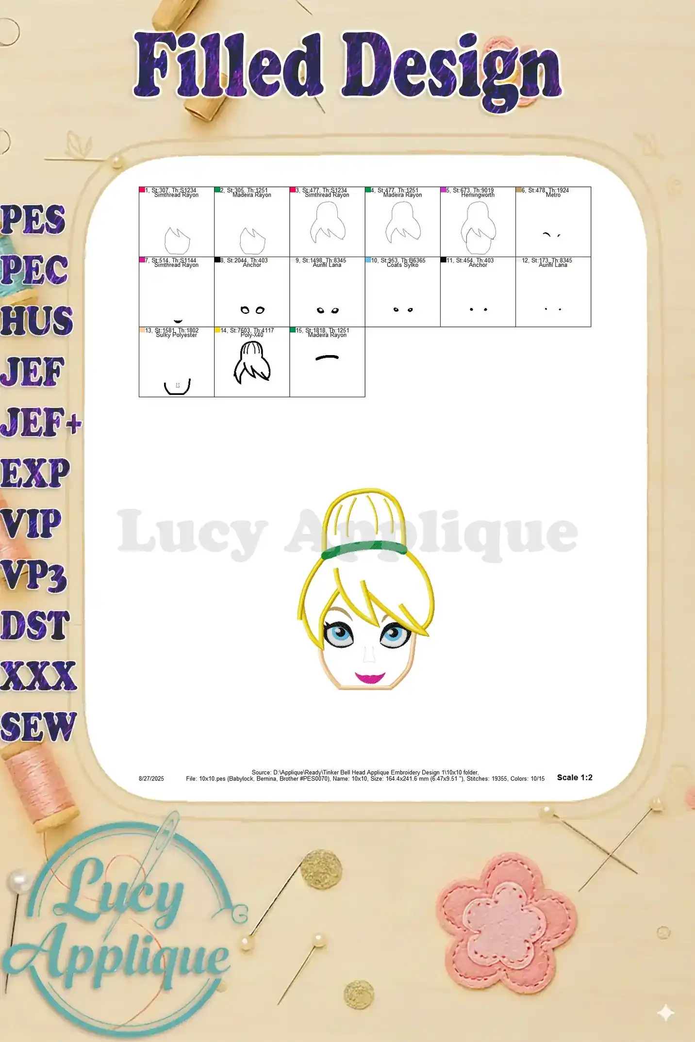 A detailed color chart and worksheet for the Tinker Bell applique embroidery design, providing a visual guide to thread colors and stitch placement. Easy-to-follow for beginners!