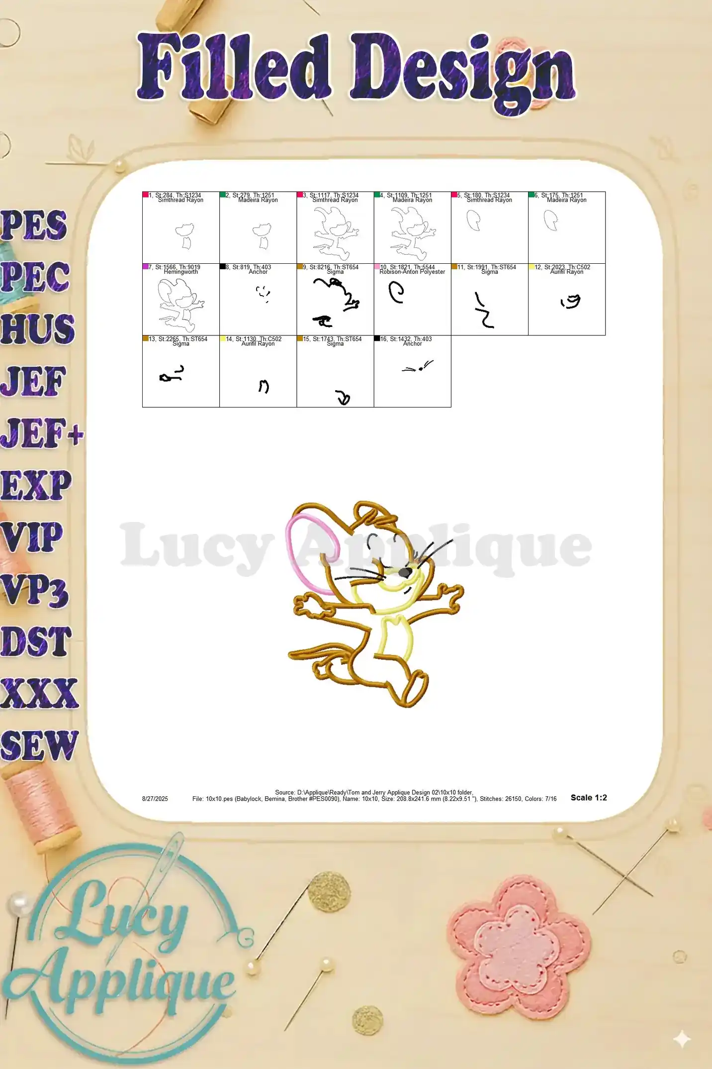 Filled design showing the completed Tom and Jerry applique, highlighting the color palette and stitch details for the filled areas.