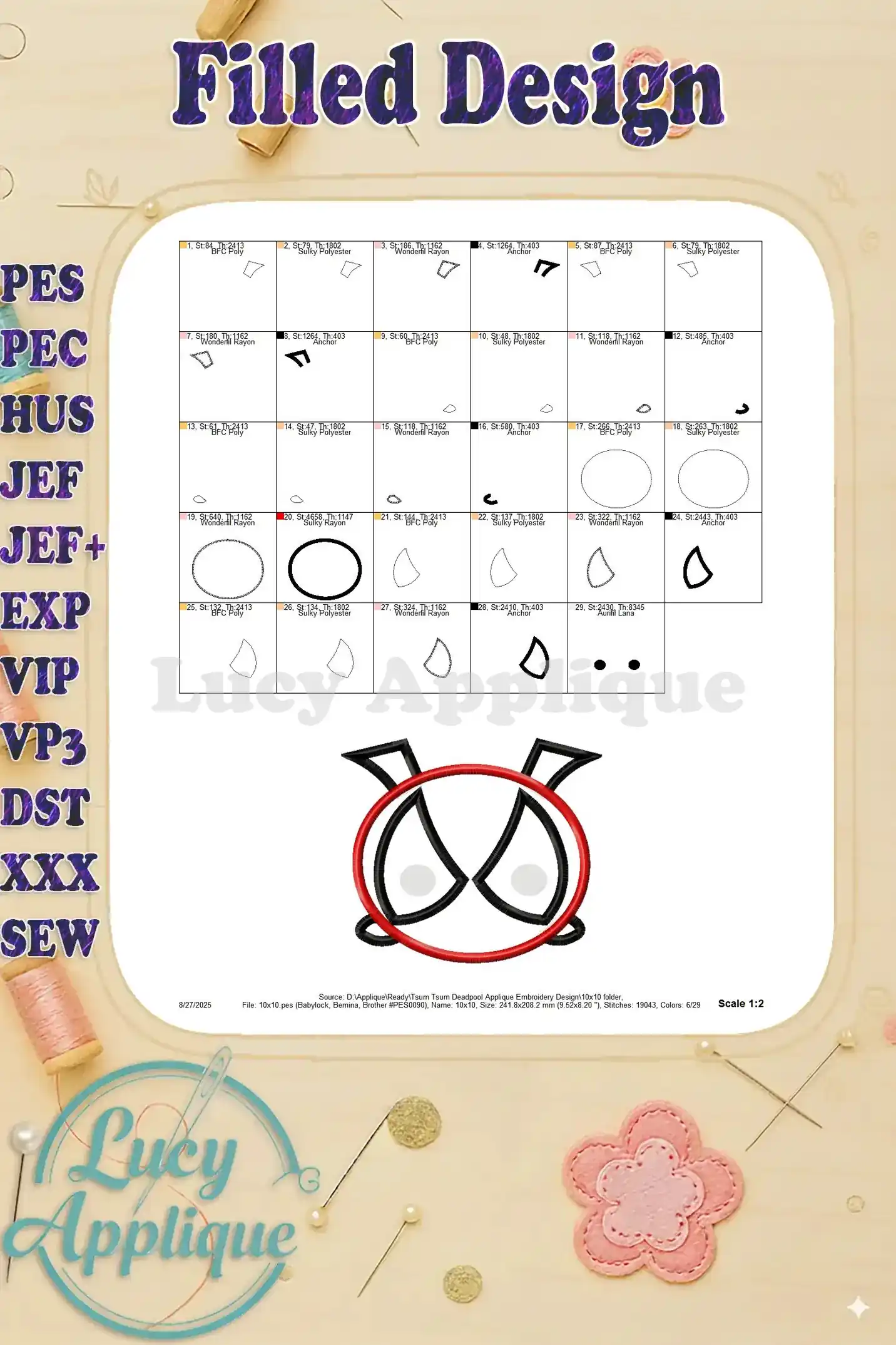 A filled design chart for the Tsum Tsum Deadpool applique embroidery design, showing the completed design and thread usage details for reference.