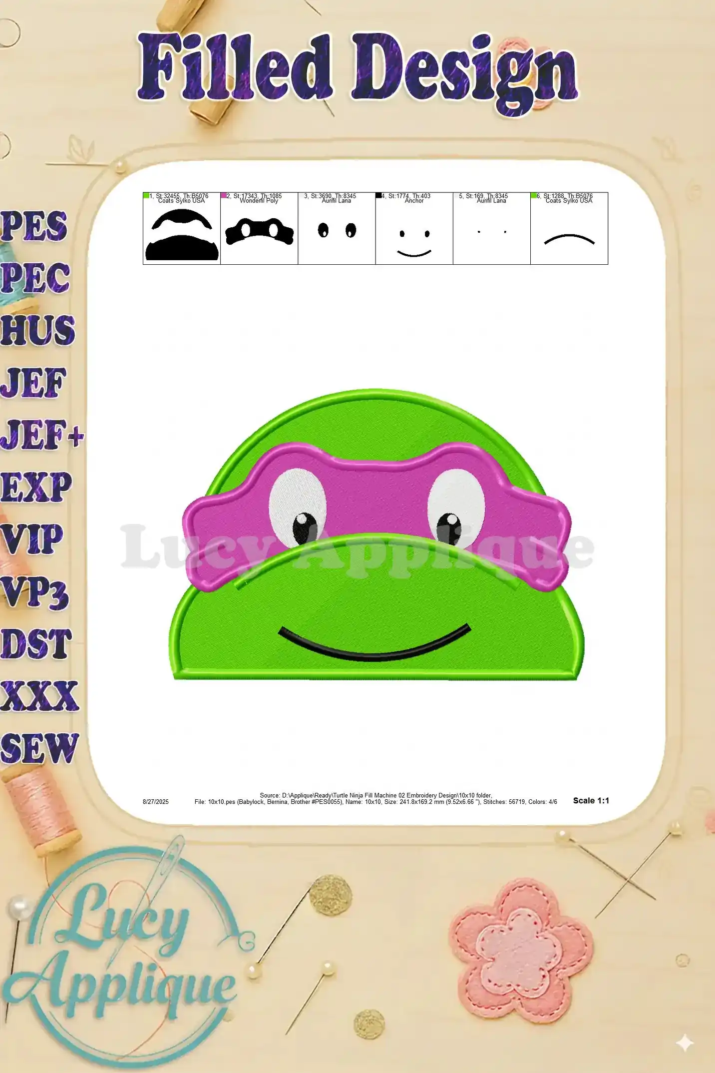 Embroidery design of a Teenage Mutant Ninja Turtle, showcasing the completed design at a 1:1 scale. The image is useful for visualizing the final product.
