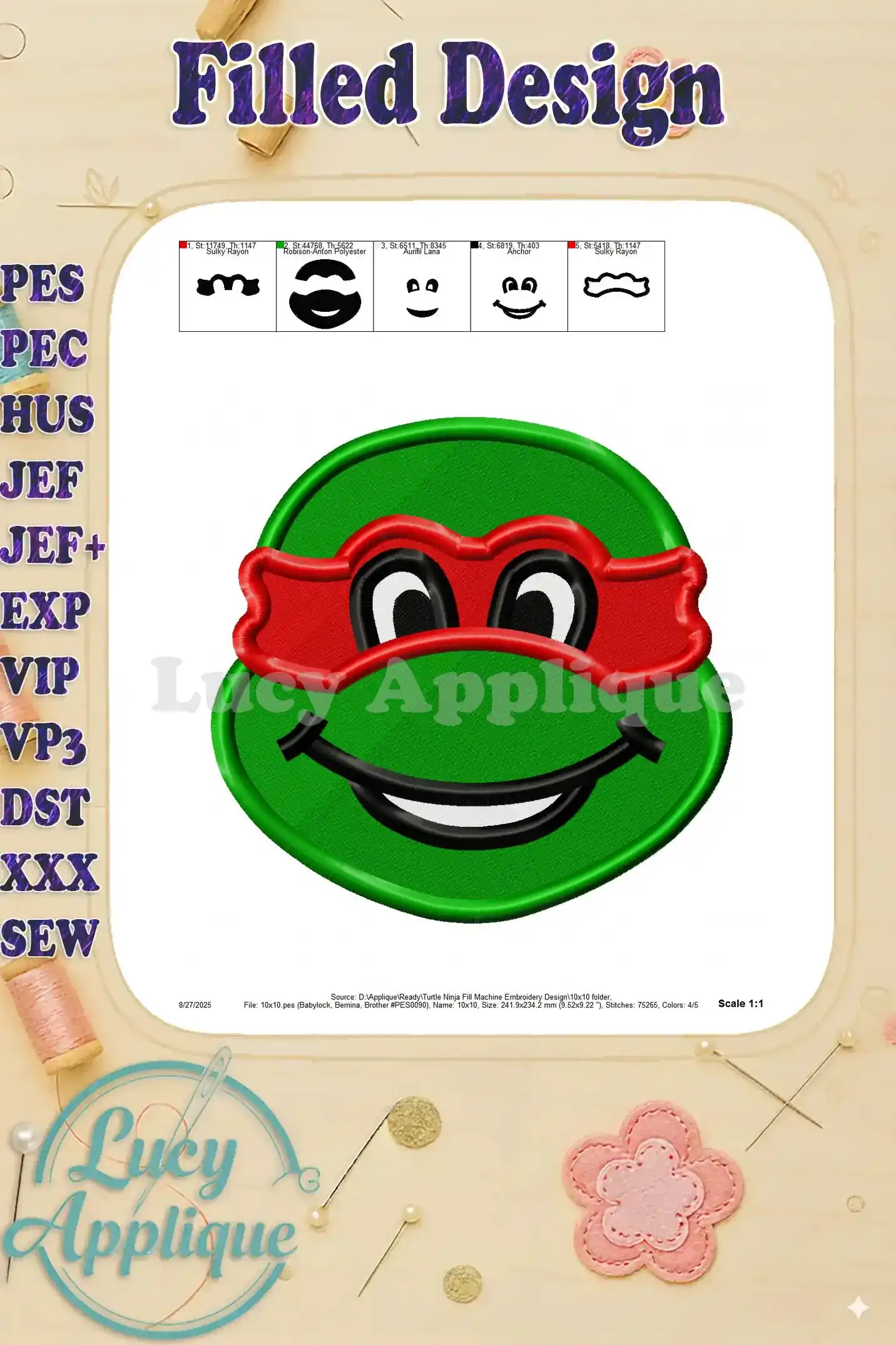 Another view of the finished Raphael embroidery design, showcasing the filled stitches and the character's features clearly.